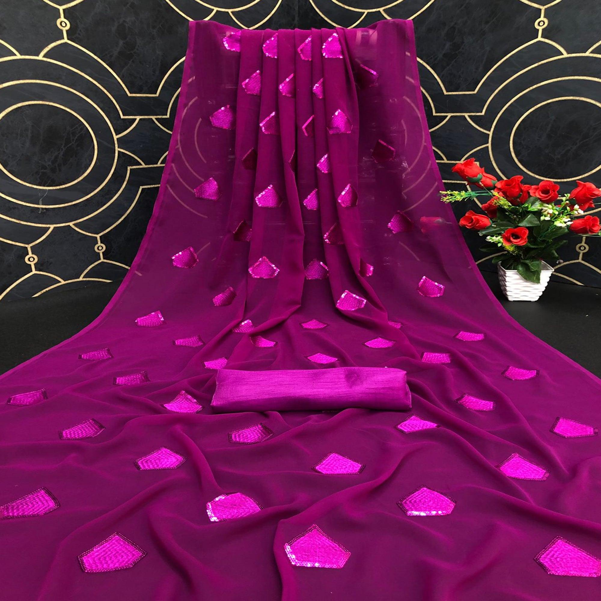Magenta Partywear Diamond Sequence Georgette Saree - Peachmode