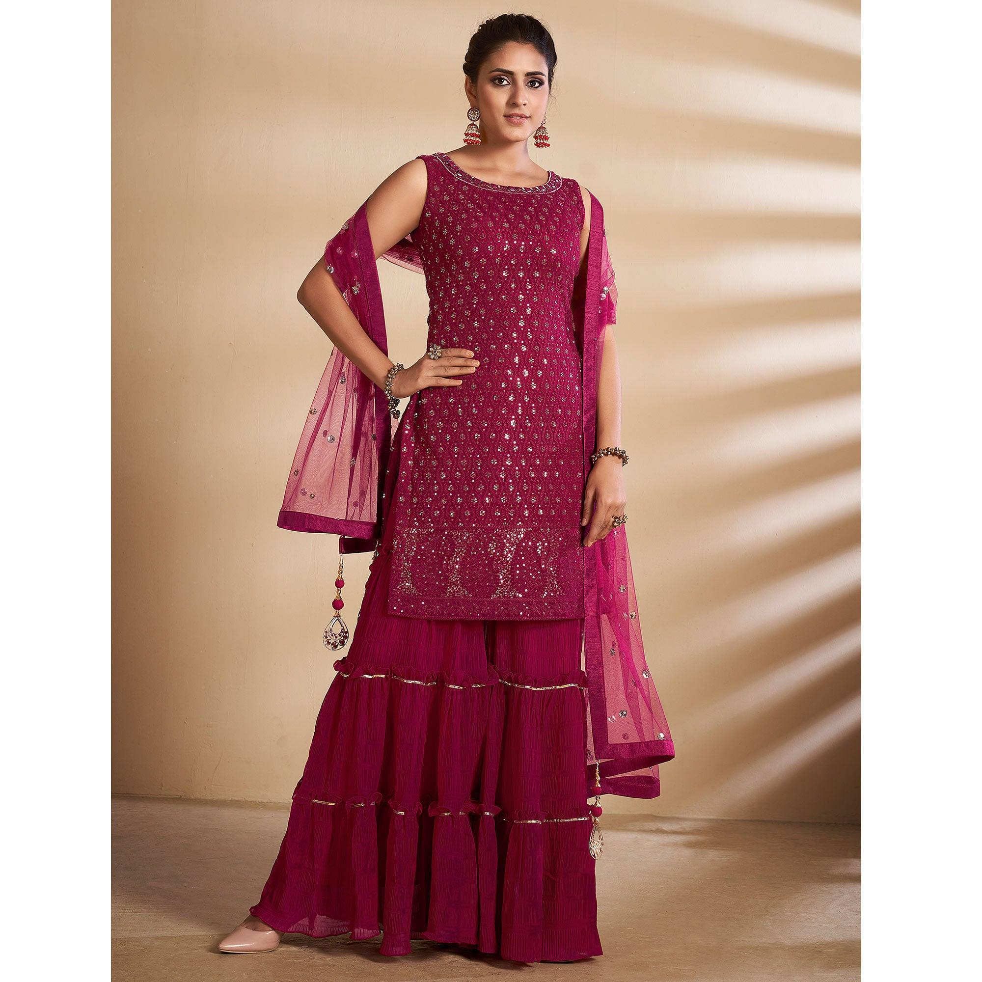 Magenta Partywear Embroidered Georgette Sharara Suit - Peachmode