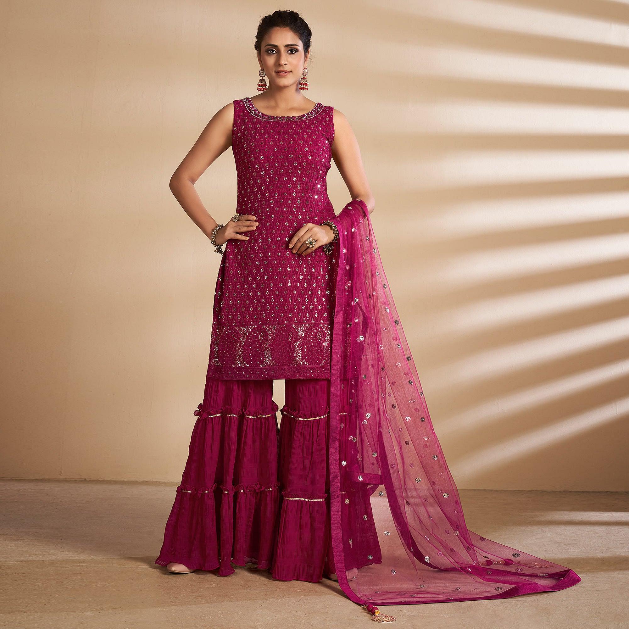 Magenta Partywear Embroidered Georgette Sharara Suit - Peachmode