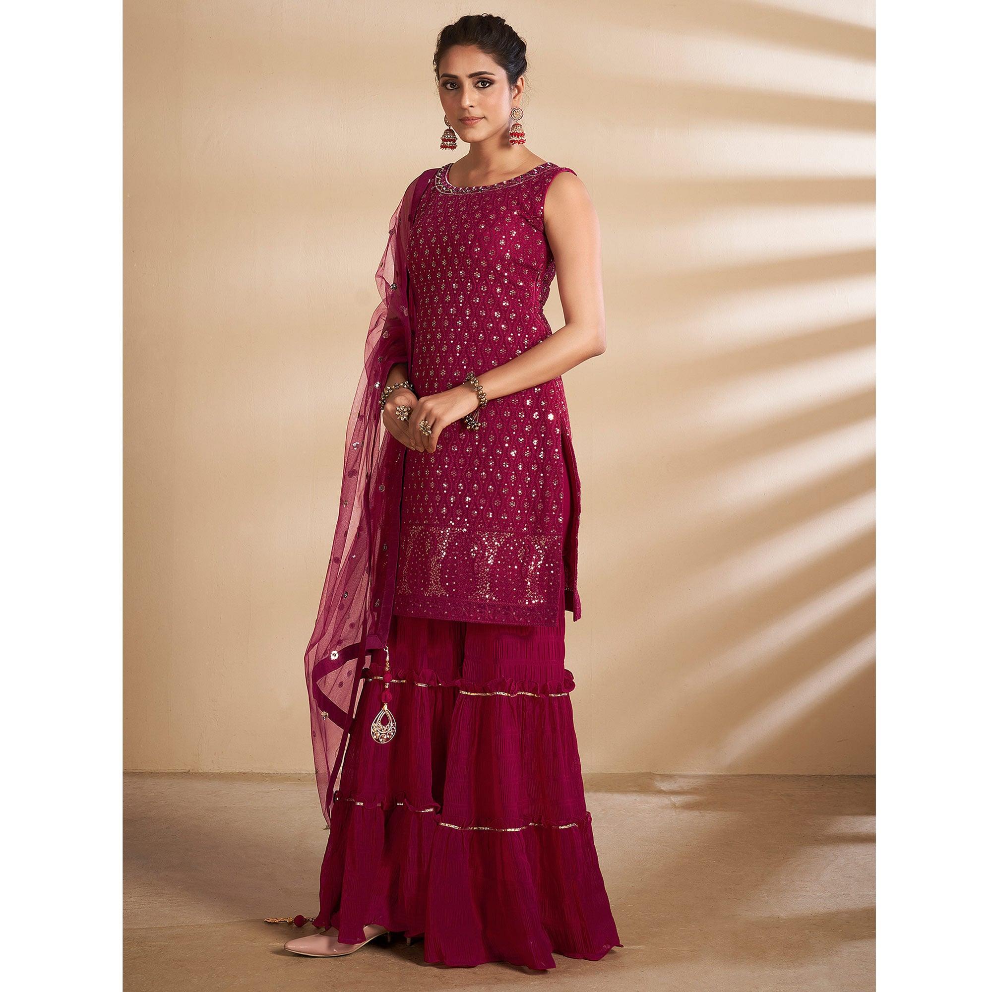 Magenta Partywear Embroidered Georgette Sharara Suit - Peachmode