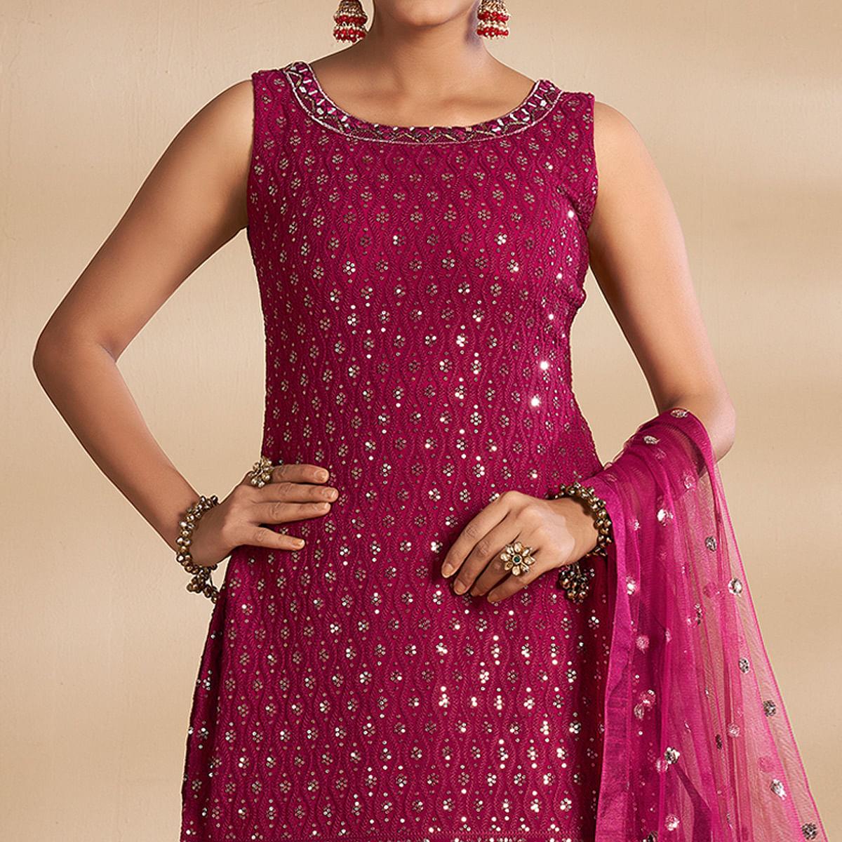 Magenta Partywear Embroidered Georgette Sharara Suit - Peachmode