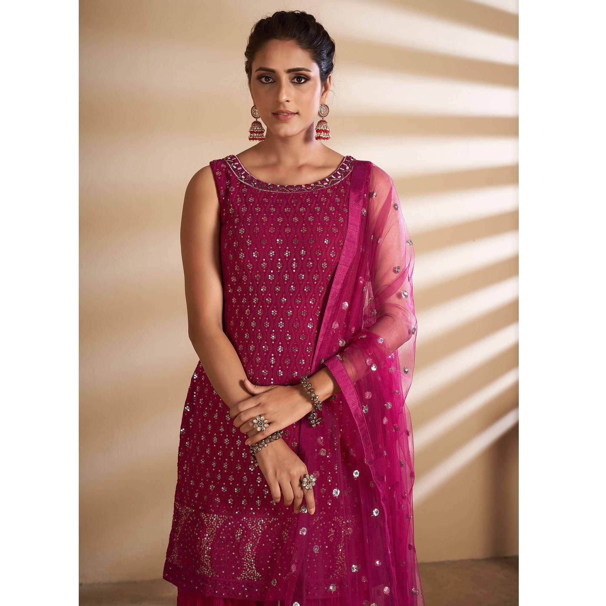 Magenta Partywear Embroidered Georgette Sharara Suit - Peachmode