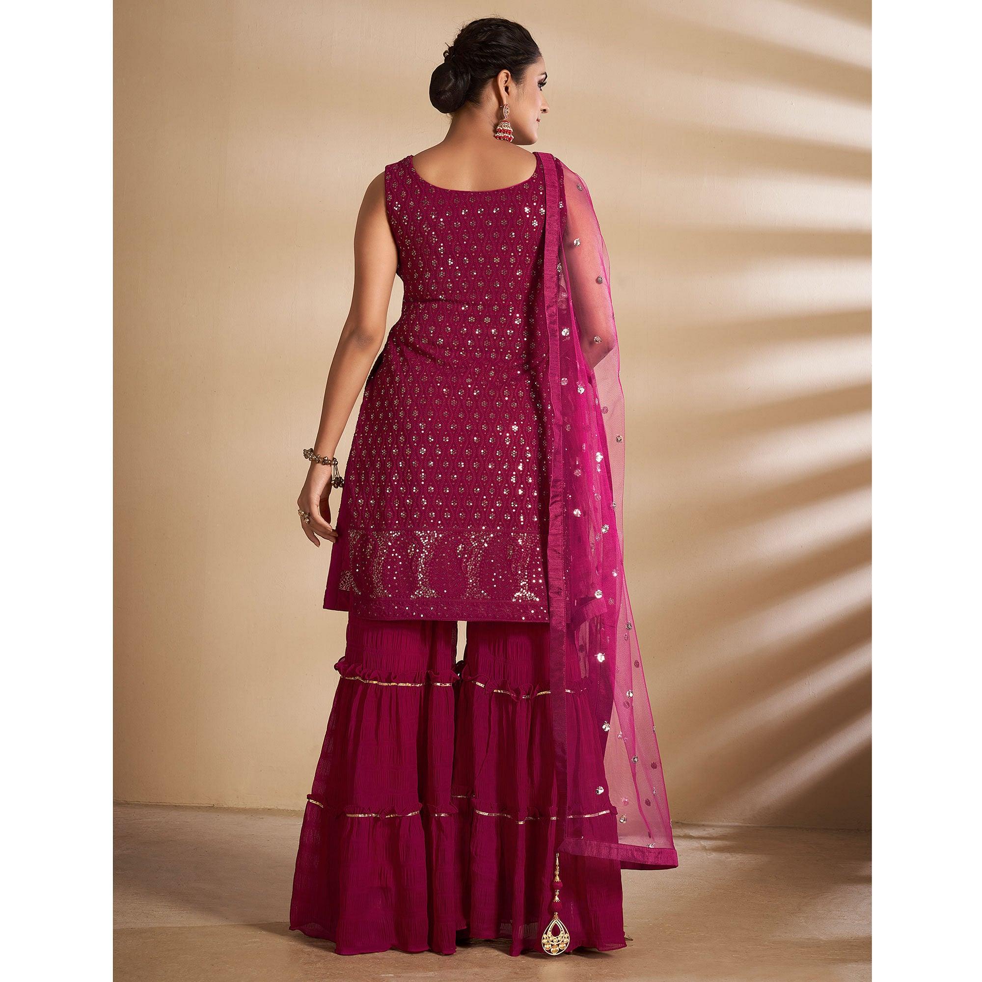 Magenta Partywear Embroidered Georgette Sharara Suit - Peachmode