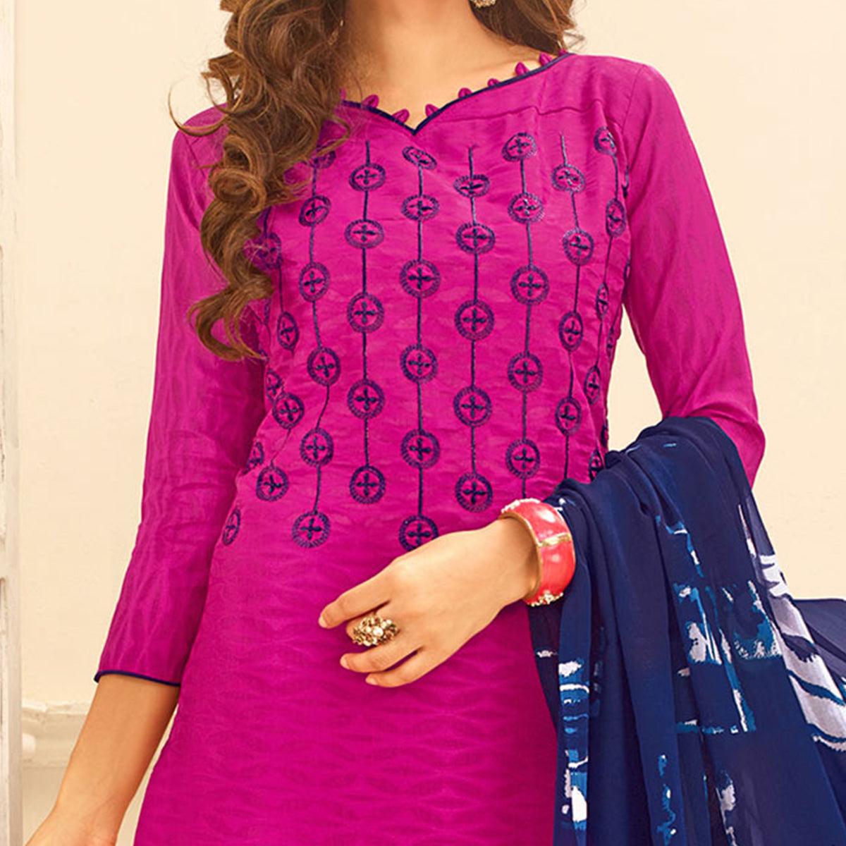 Magenta Pink Colored Embroidered Casual Wear Jacquard Suit - Peachmode