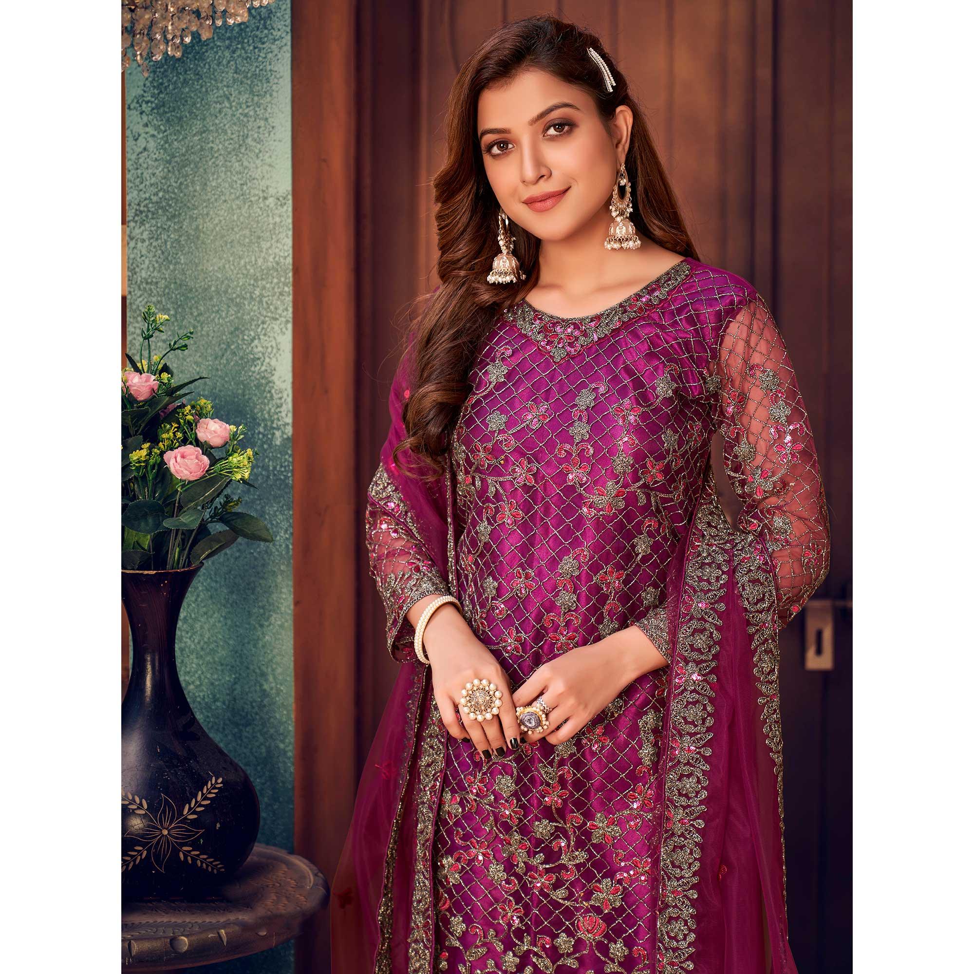 Magenta Pink Embroidered Netted Pakistani Suit - Peachmode