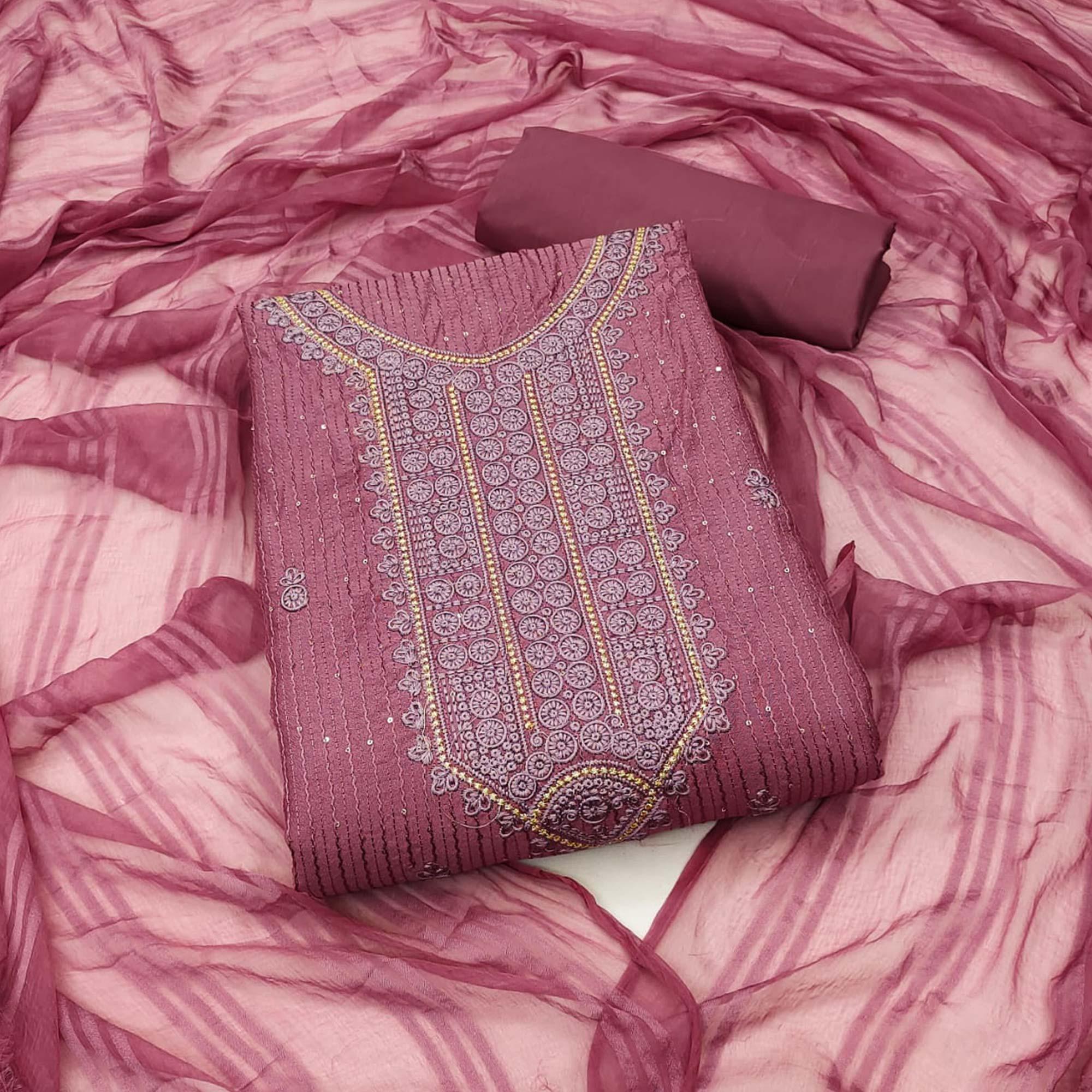 Magenta Pink Embroidered Poly Cotton Dress Material - Peachmode