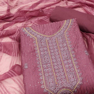 Magenta Pink Embroidered Poly Cotton Dress Material - Peachmode