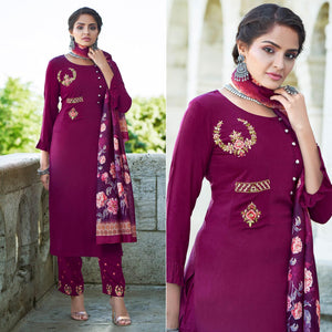 Magenta Pink Embroidered Rayon Kurti Pant Set With Dupatta - Peachmode