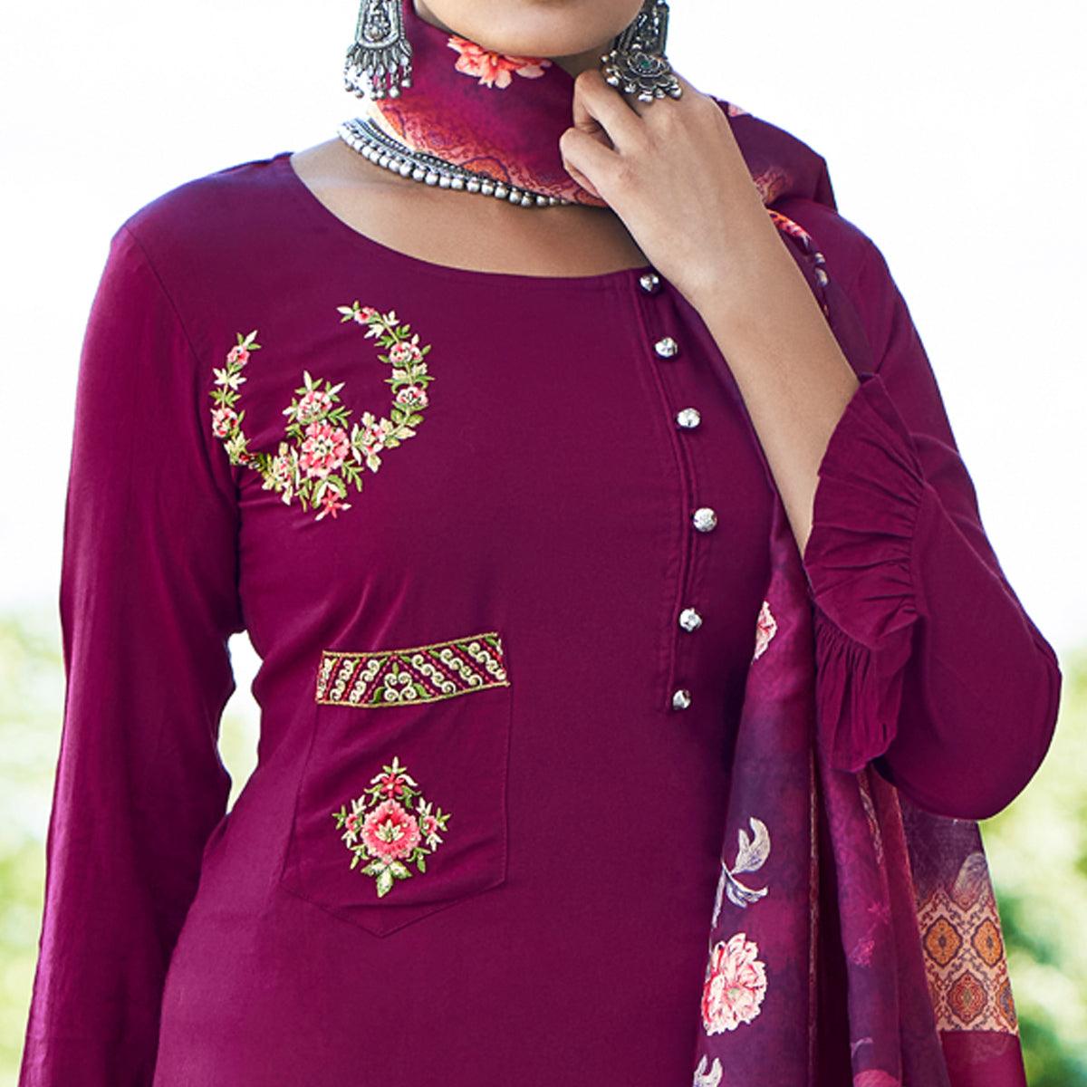 Magenta Pink Embroidered Rayon Kurti Pant Set With Dupatta - Peachmode