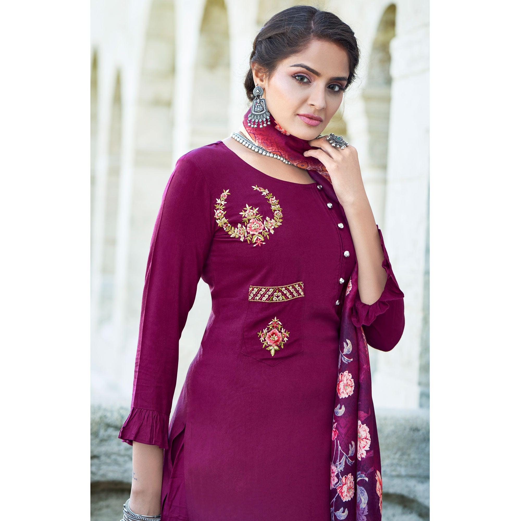Magenta Pink Embroidered Rayon Kurti Pant Set With Dupatta - Peachmode