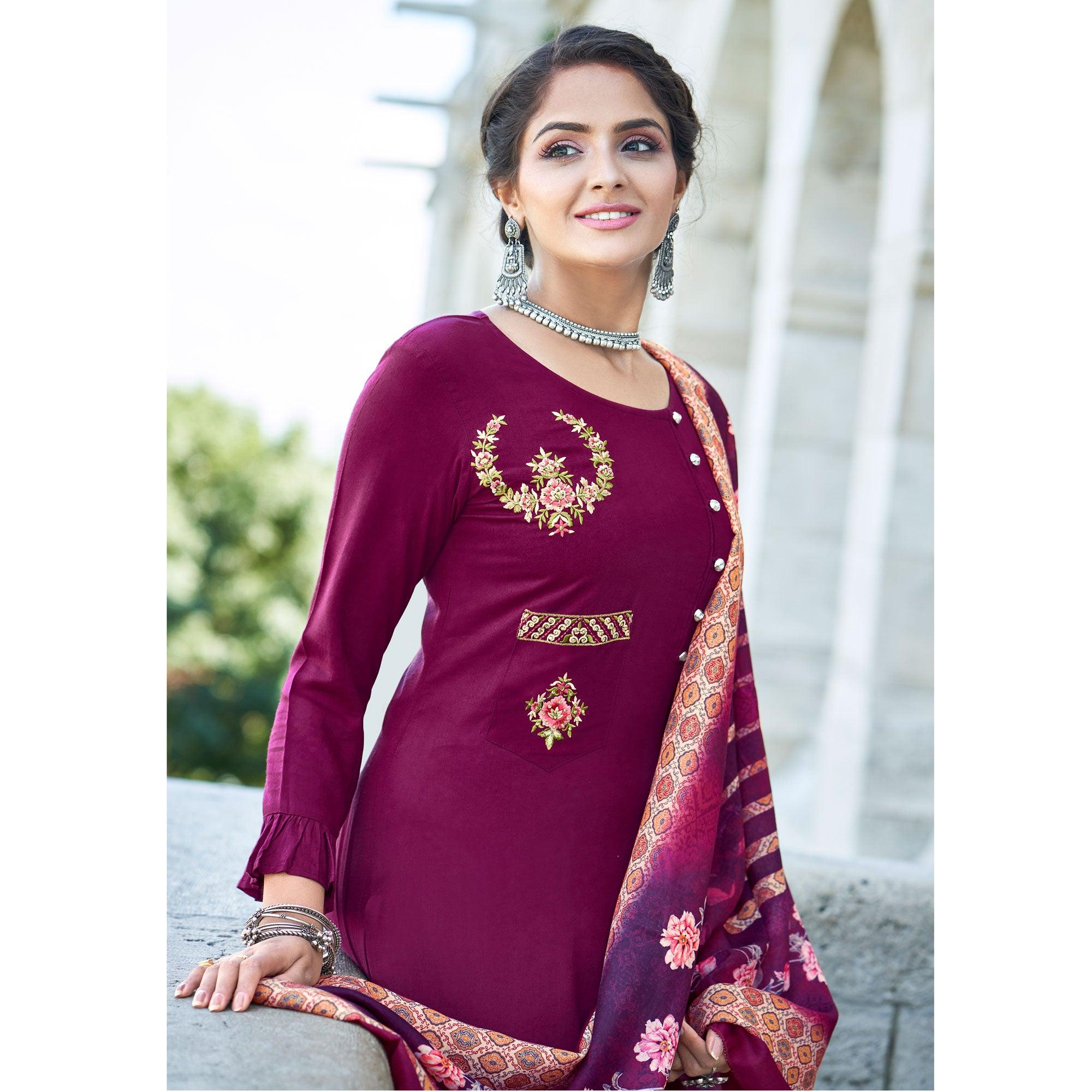 Magenta Pink Embroidered Rayon Kurti Pant Set With Dupatta - Peachmode