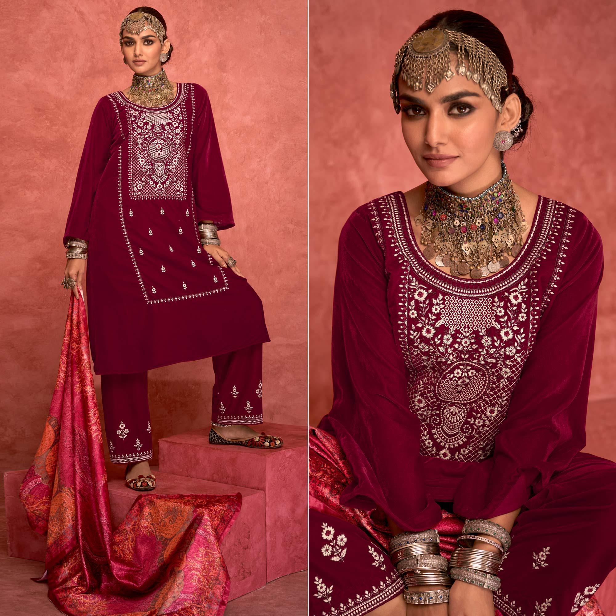 Magenta Pink Embroidered Velvet Pakistani Suit - Peachmode