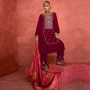 Magenta Pink Embroidered Velvet Pakistani Suit - Peachmode