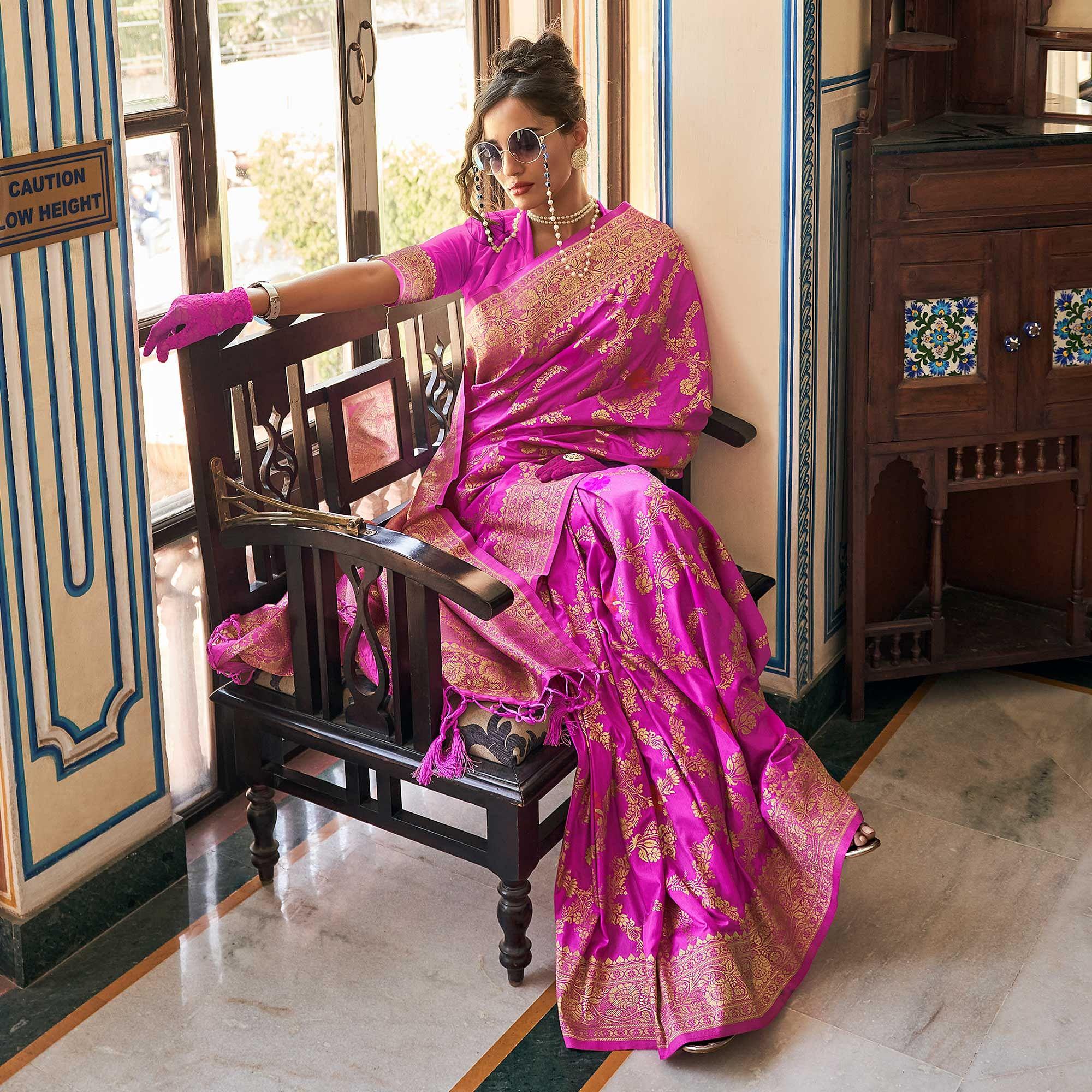Magenta Pink Festive Wear Woven Silk Saree With Tassels - Peachmode