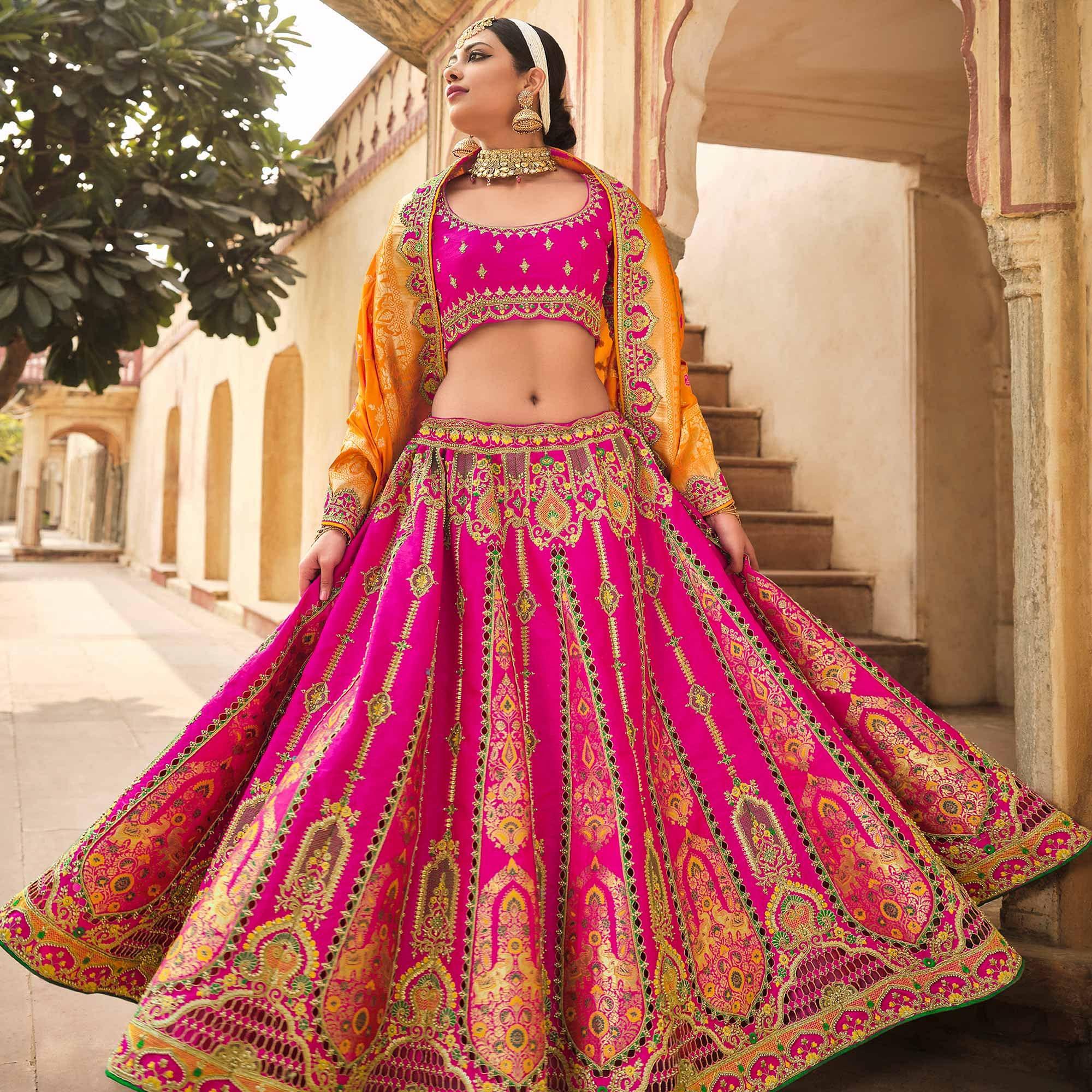 Magenta Pink Wedding Wear Woven-Embellished Banarasi Silk Lehenga Choli - Peachmode