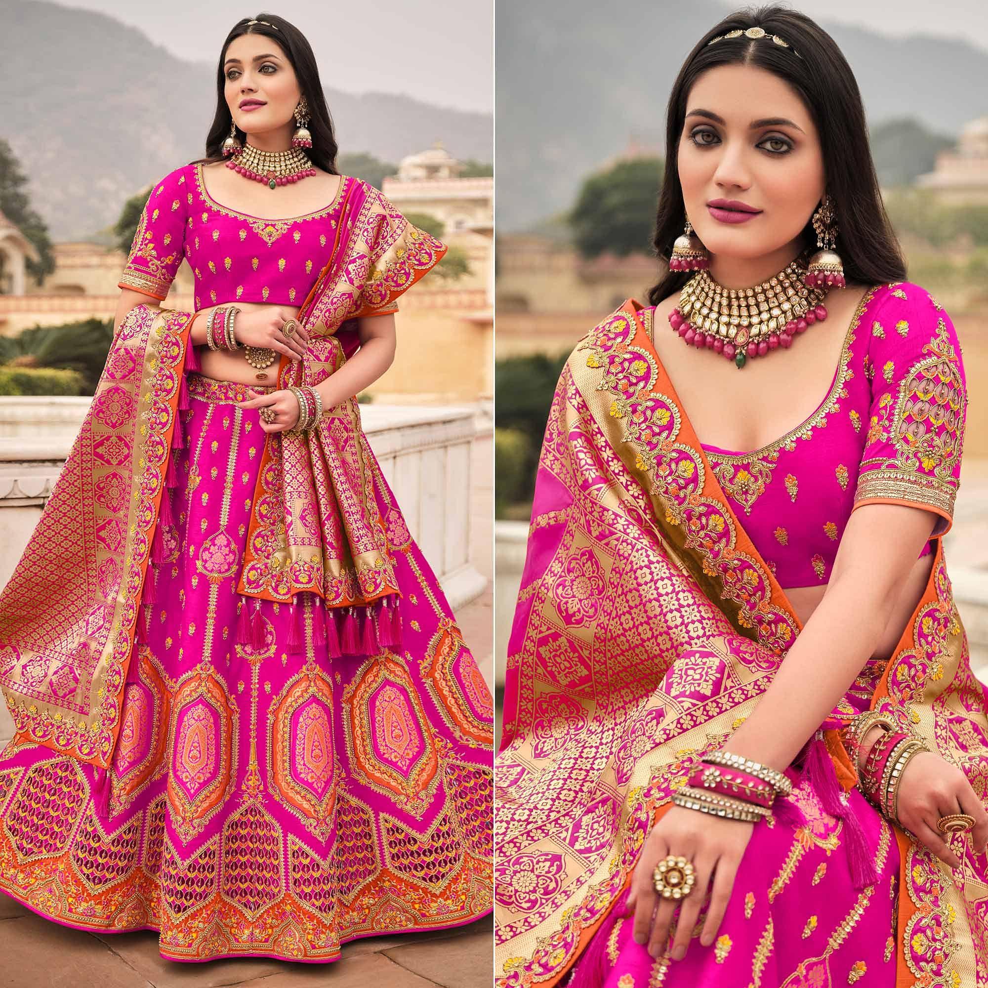 Magenta Pink Wedding Wear Woven-Embellished Banarasi Silk Lehenga Choli - Peachmode