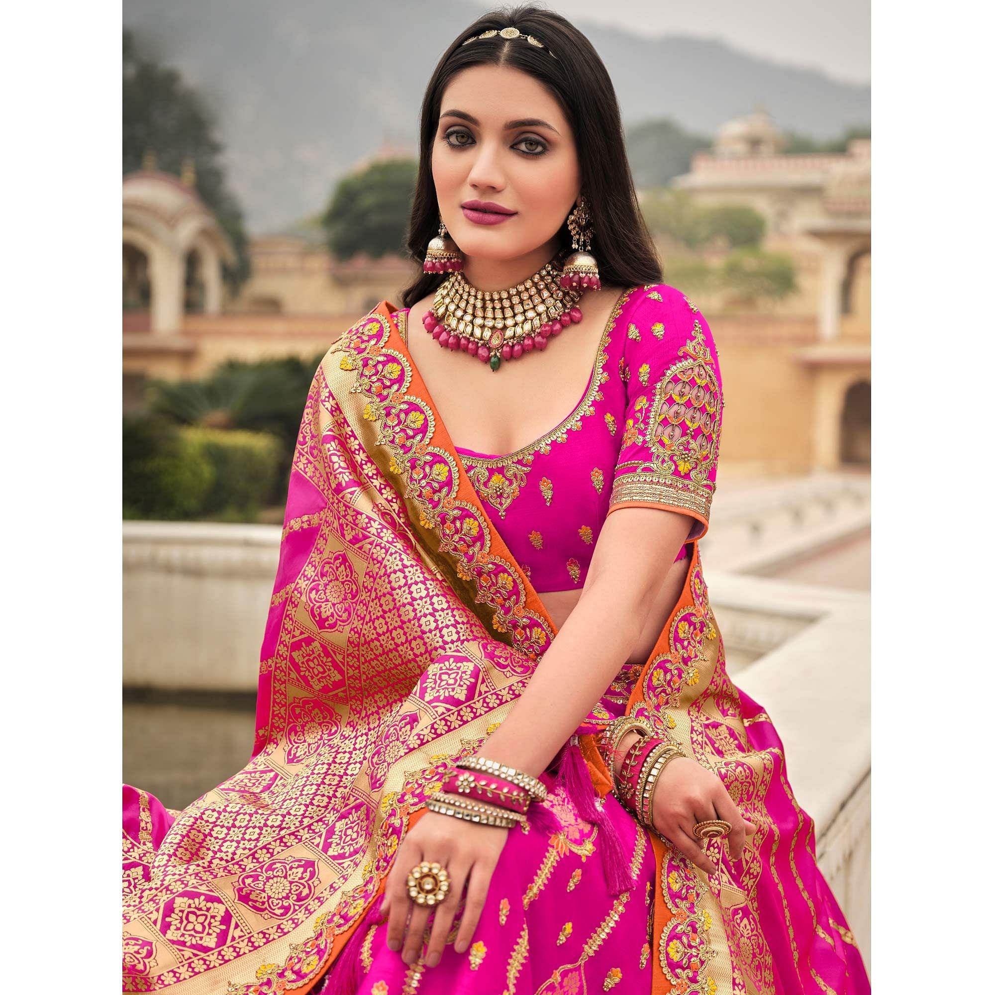 Magenta Pink Wedding Wear Woven-Embellished Banarasi Silk Lehenga Choli - Peachmode