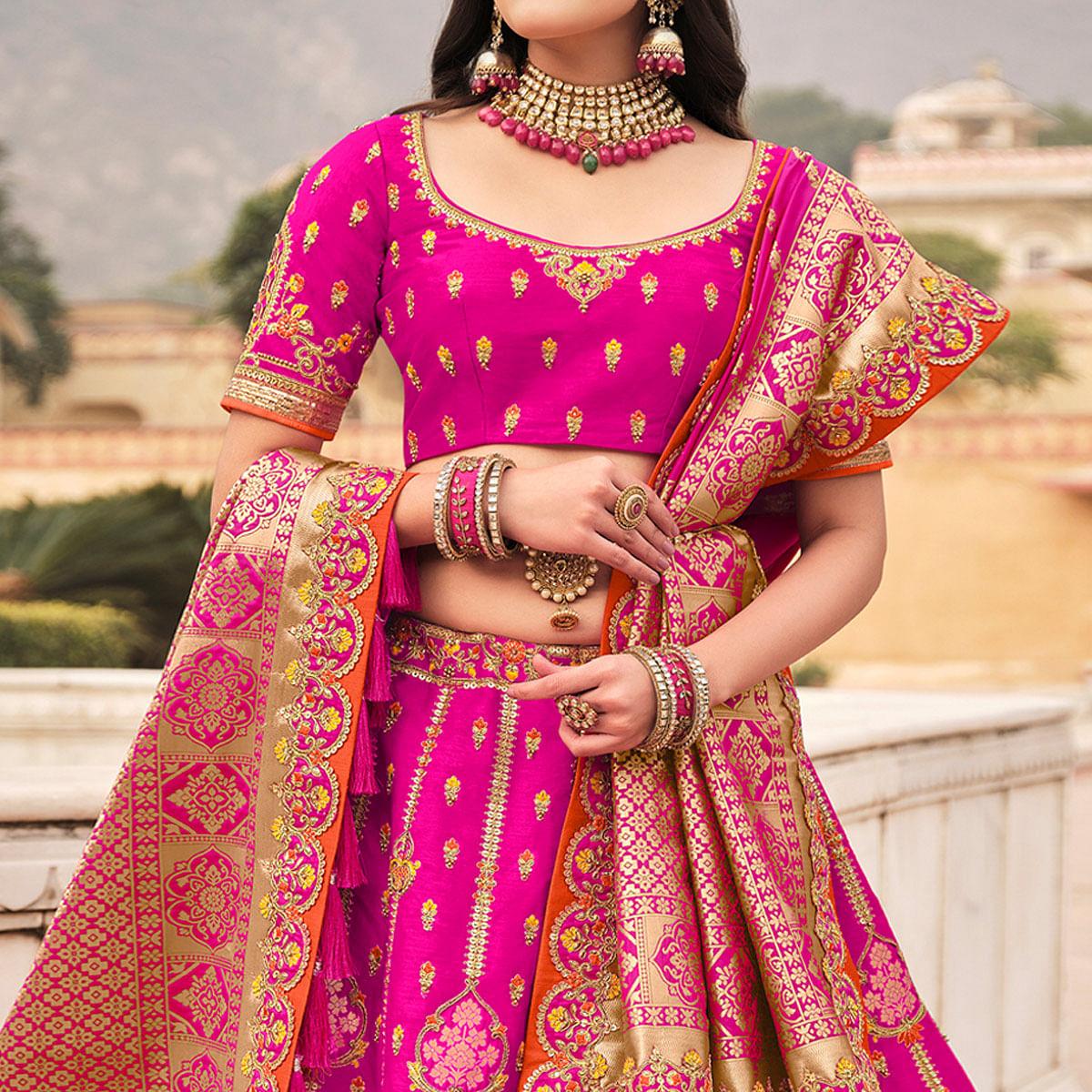 Magenta Pink Wedding Wear Woven-Embellished Banarasi Silk Lehenga Choli - Peachmode