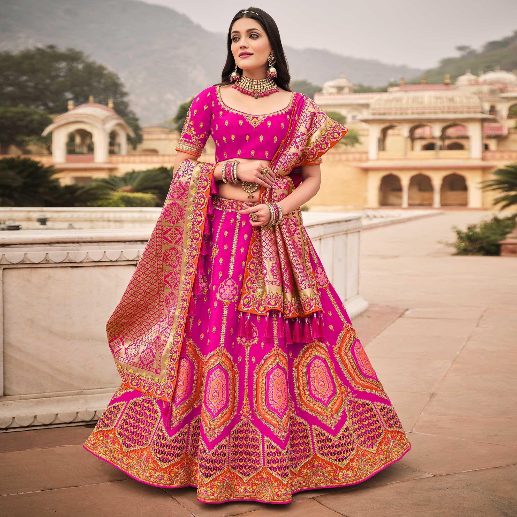 Magenta Pink Wedding Wear Woven-Embellished Banarasi Silk Lehenga Choli - Peachmode