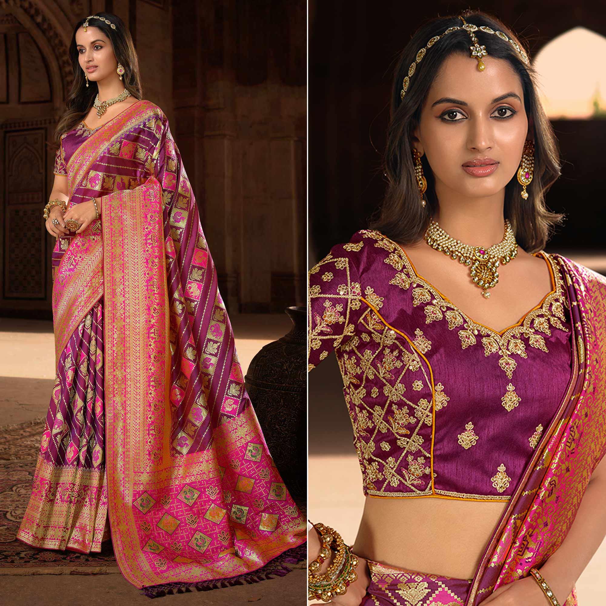 Magenta Pink Woven Banarasi Silk Saree With Tassels - Peachmode