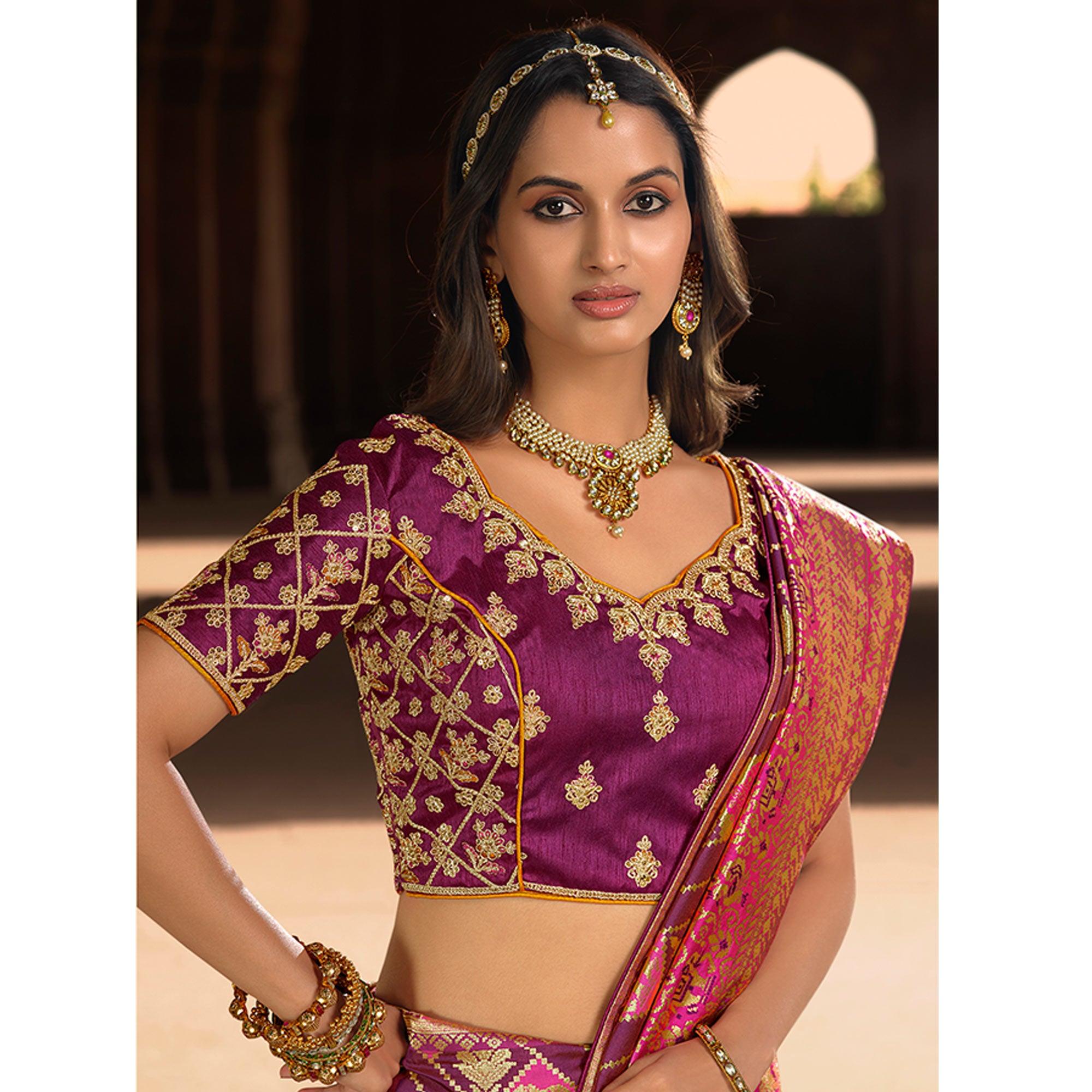 Magenta Pink Woven Banarasi Silk Saree With Tassels - Peachmode