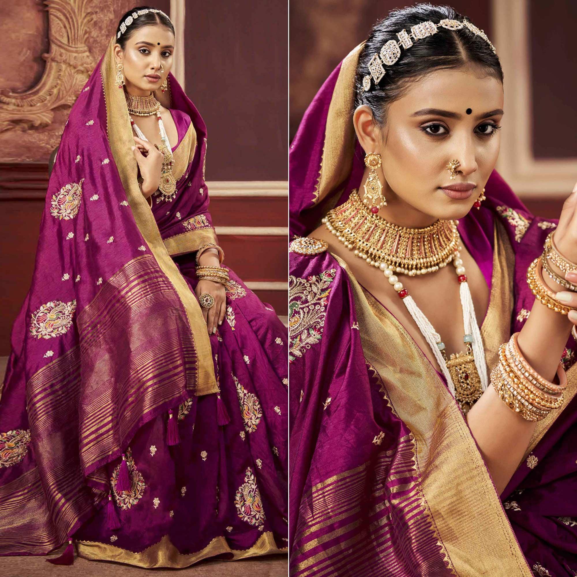 Magenta Pink Woven-Embroidered Raw Silk Saree With Tassels - Peachmode