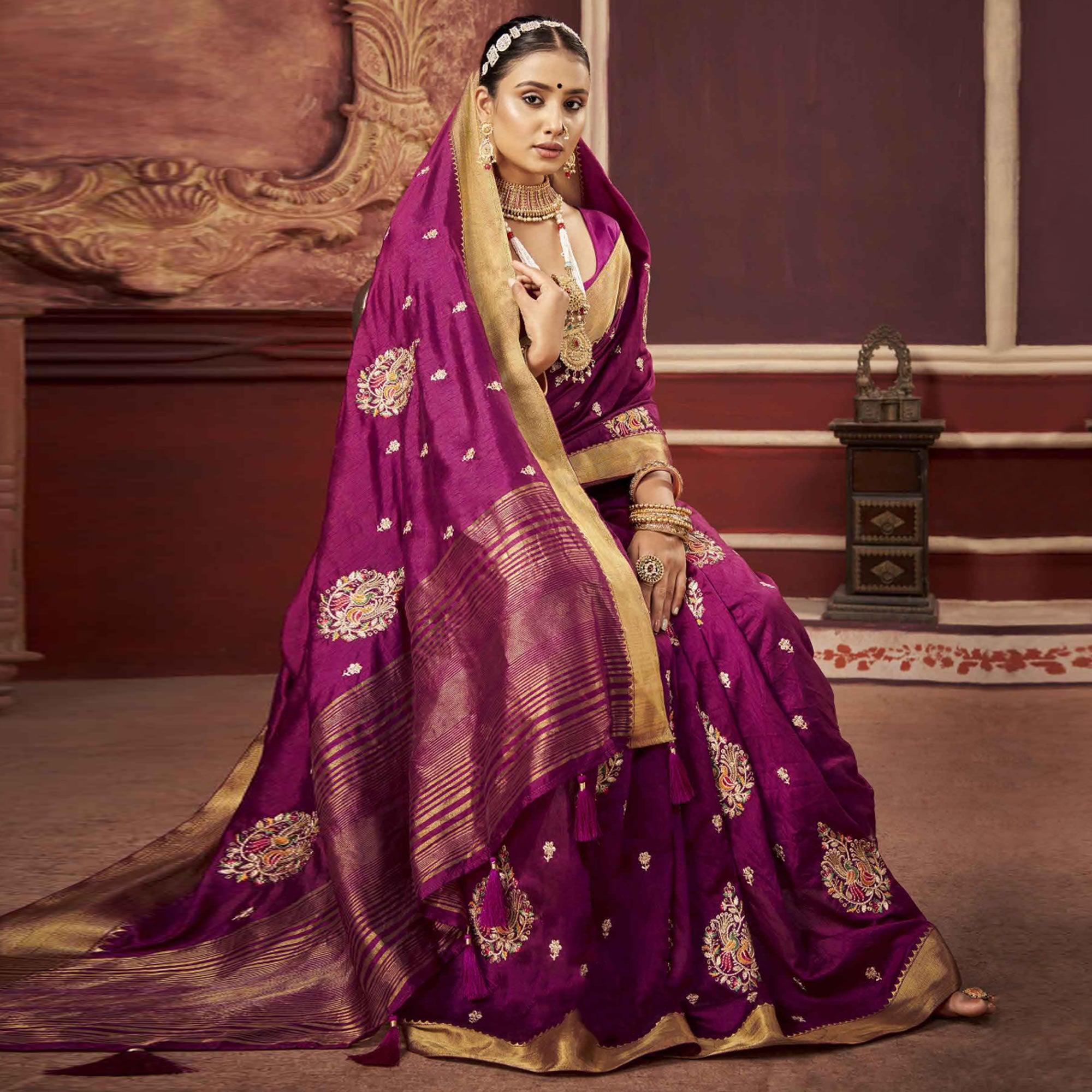 Magenta Pink Woven-Embroidered Raw Silk Saree With Tassels - Peachmode