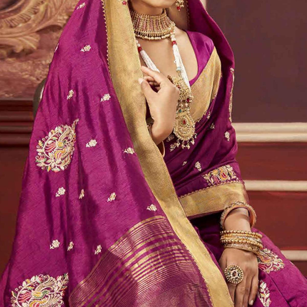 Magenta Pink Woven-Embroidered Raw Silk Saree With Tassels - Peachmode