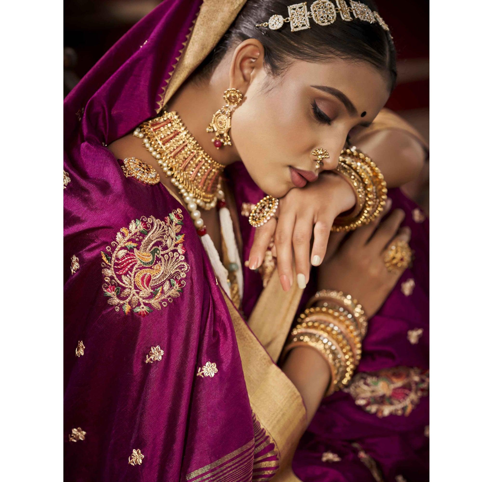 Magenta Pink Woven-Embroidered Raw Silk Saree With Tassels - Peachmode