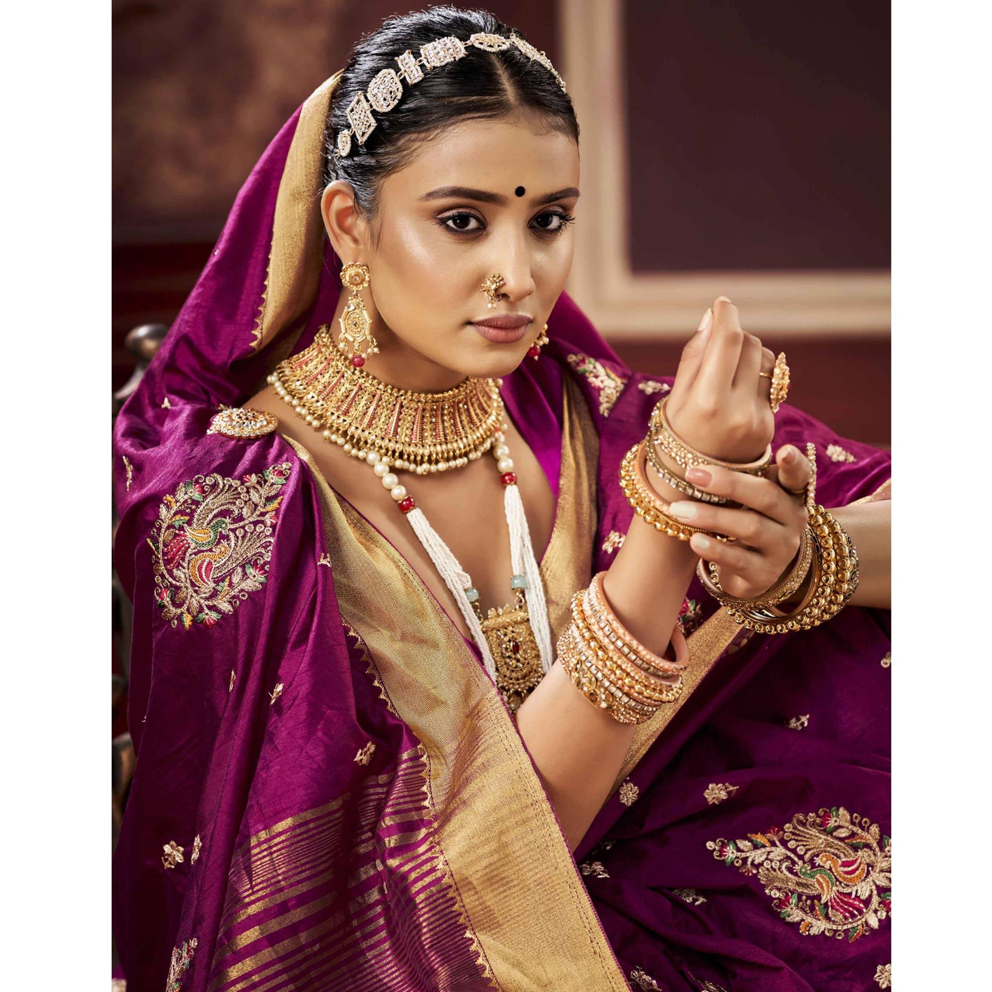 Magenta Pink Woven-Embroidered Raw Silk Saree With Tassels - Peachmode