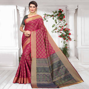 Magenta Pink Woven Jacquard Saree - Peachmode