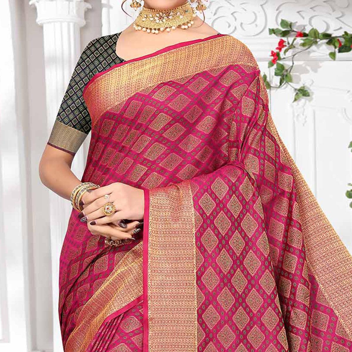 Magenta Pink Woven Jacquard Saree - Peachmode