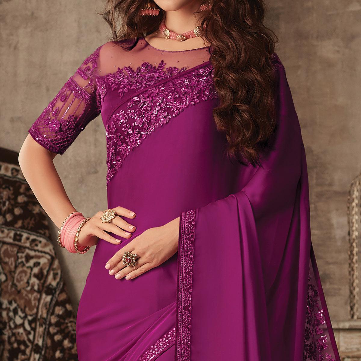 Magenta Purple Floral Sequence Embroidered Art SIlk Saree - Peachmode