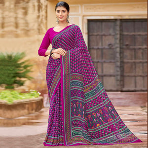 Magenta Purple Printed Georgette Saree - Peachmode