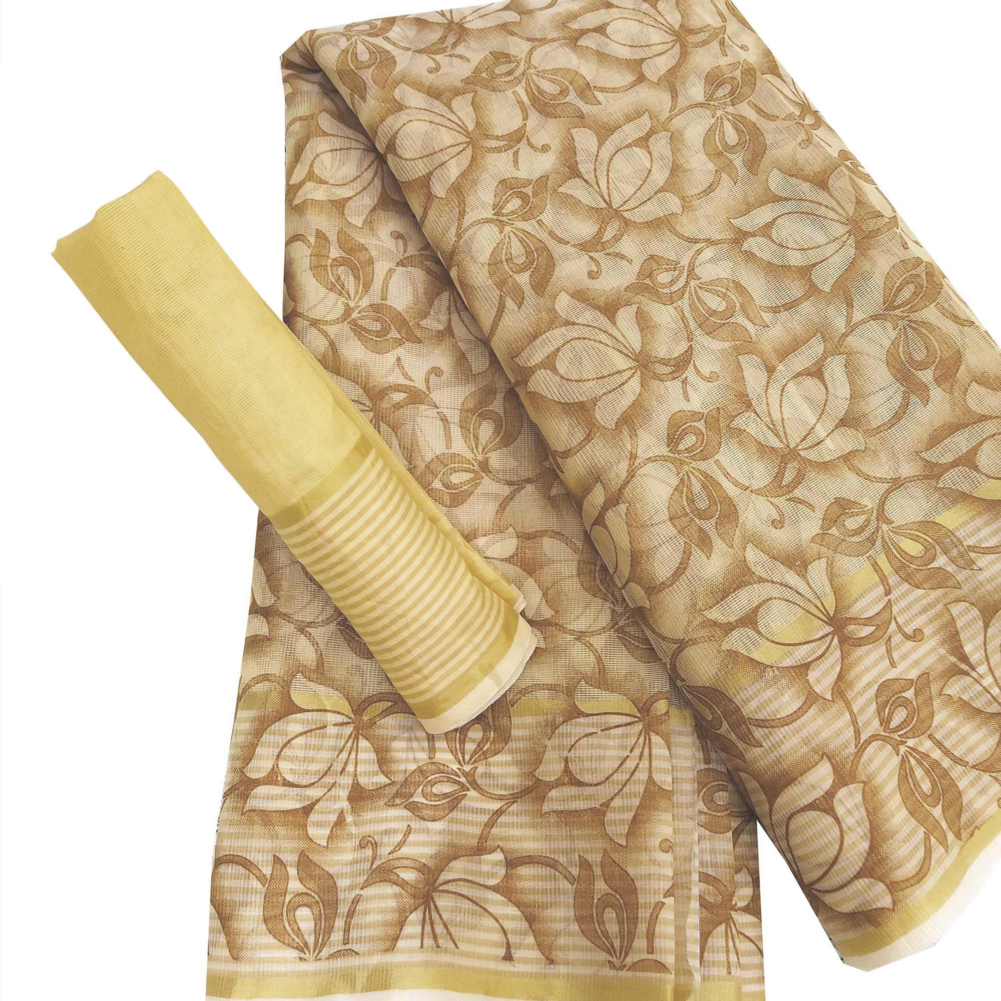 Magnetic Beige Colored Casual Wear Floral Printed Net Saree - Peachmode