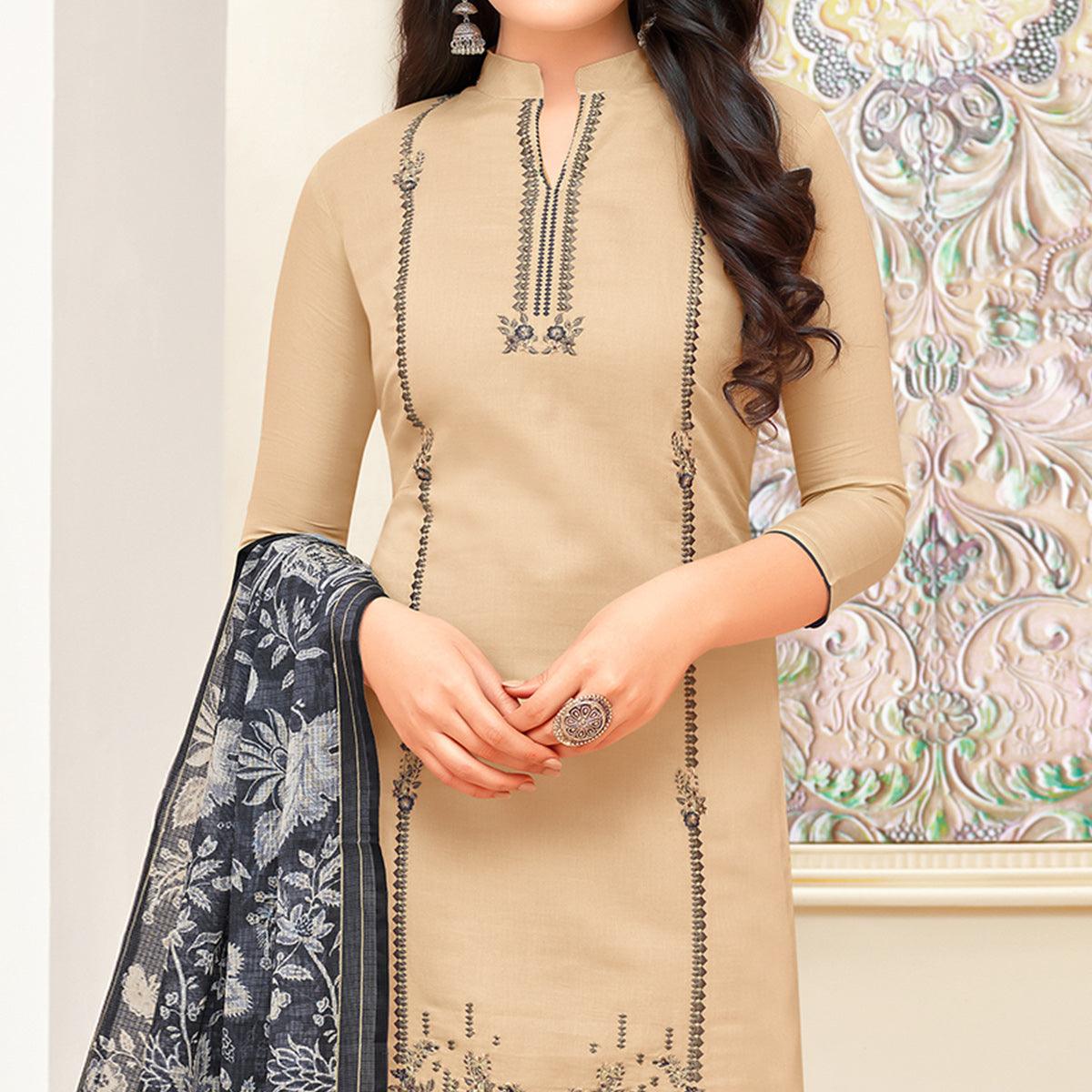 Magnetic Beige Colored Partywear Embroidered Modal Silk Suit - Peachmode