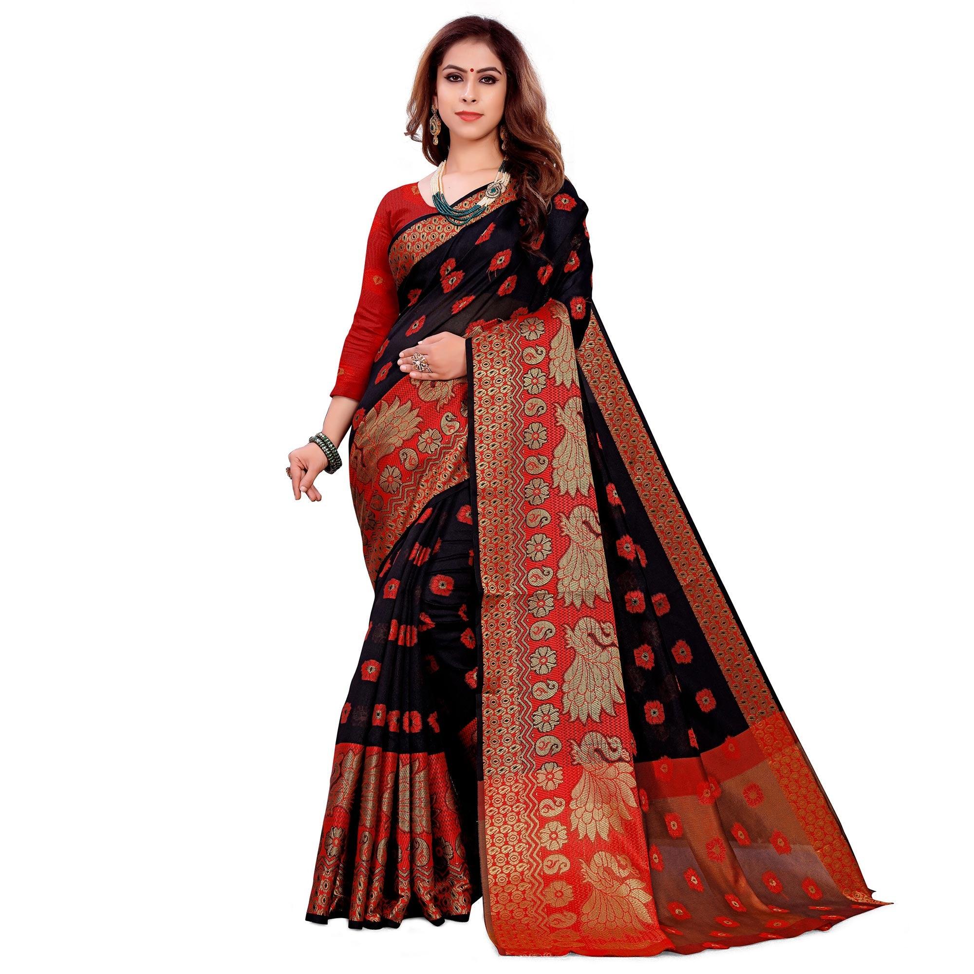 Magnetic Black Colored Festive Wear Woven Art Silk Saree - Peachmode
