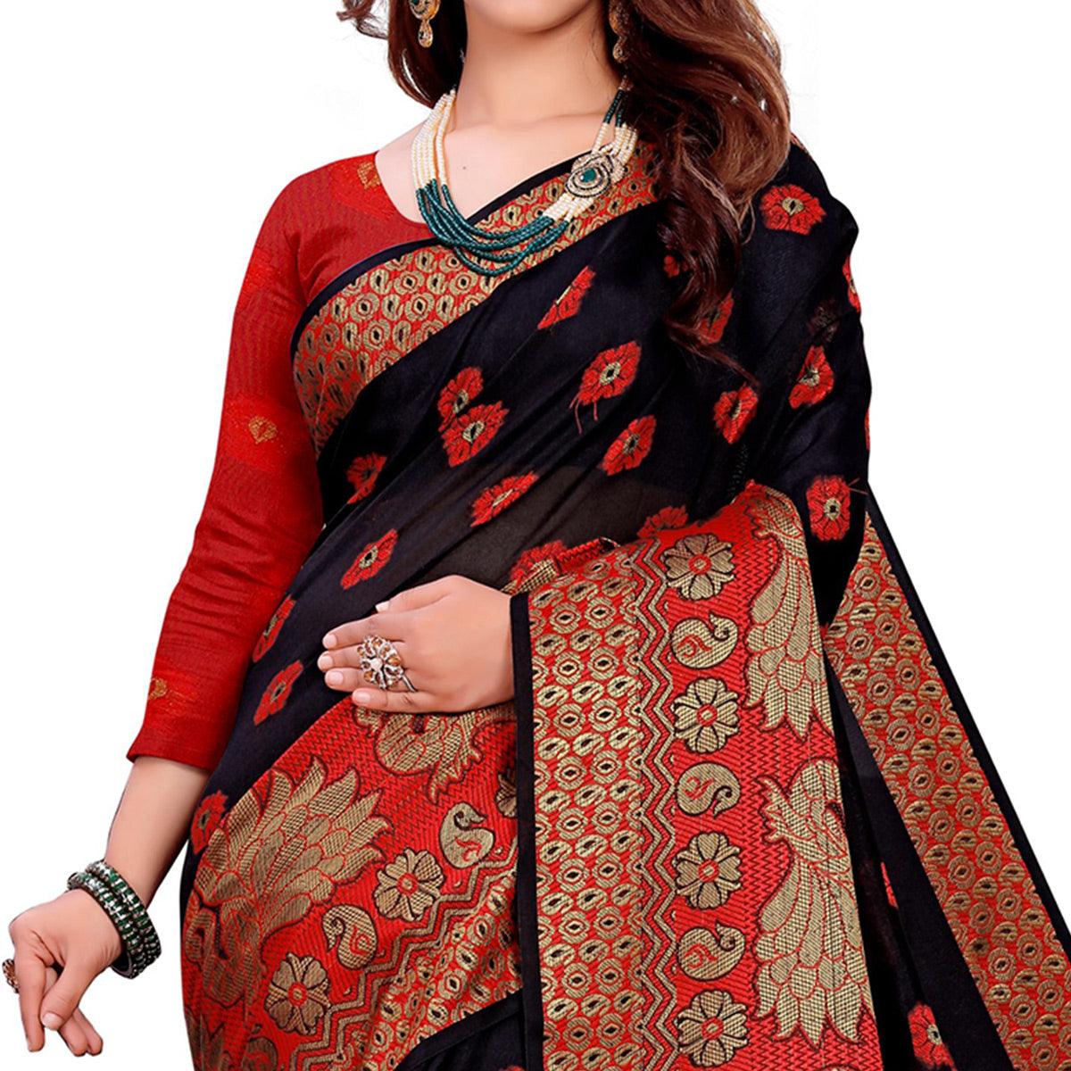 Magnetic Black Colored Festive Wear Woven Art Silk Saree - Peachmode