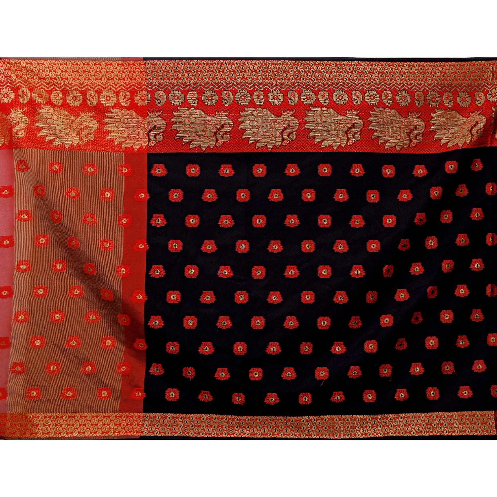 Magnetic Black Colored Festive Wear Woven Art Silk Saree - Peachmode