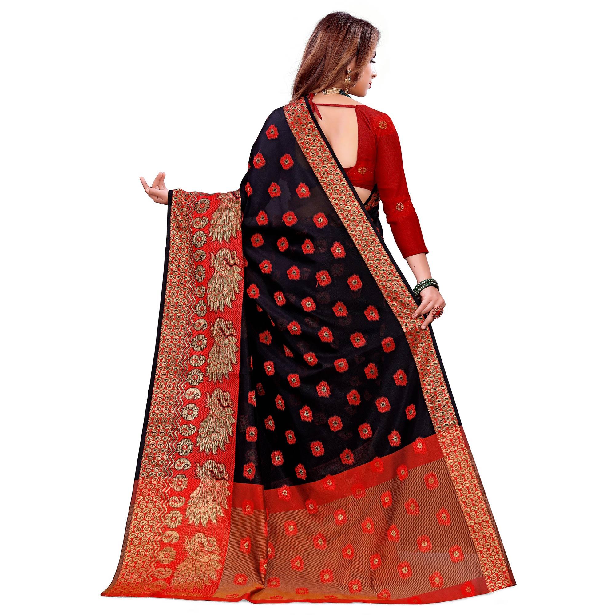Magnetic Black Colored Festive Wear Woven Art Silk Saree - Peachmode