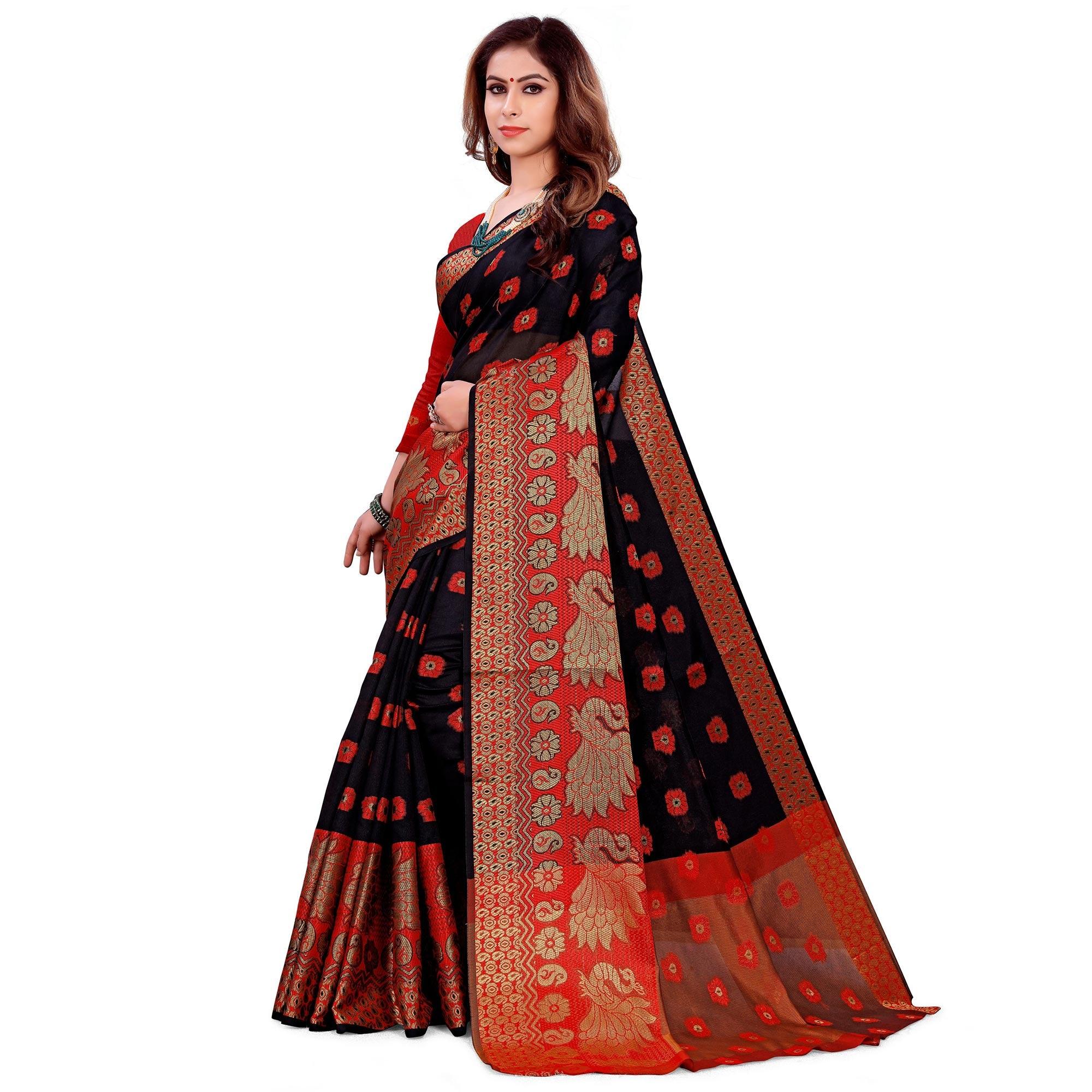 Magnetic Black Colored Festive Wear Woven Art Silk Saree - Peachmode