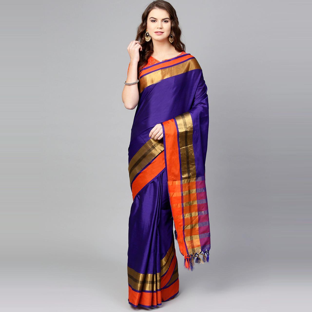 Magnetic Blue Colored Festive Wear Woven Cotton Silk Saree - Peachmode