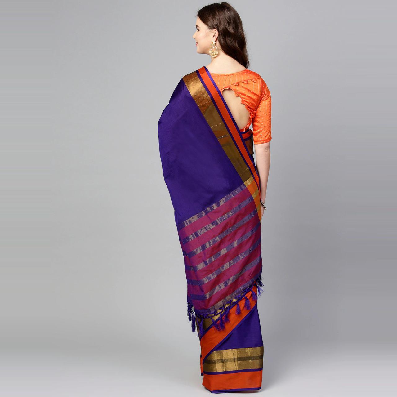 Magnetic Blue Colored Festive Wear Woven Cotton Silk Saree - Peachmode