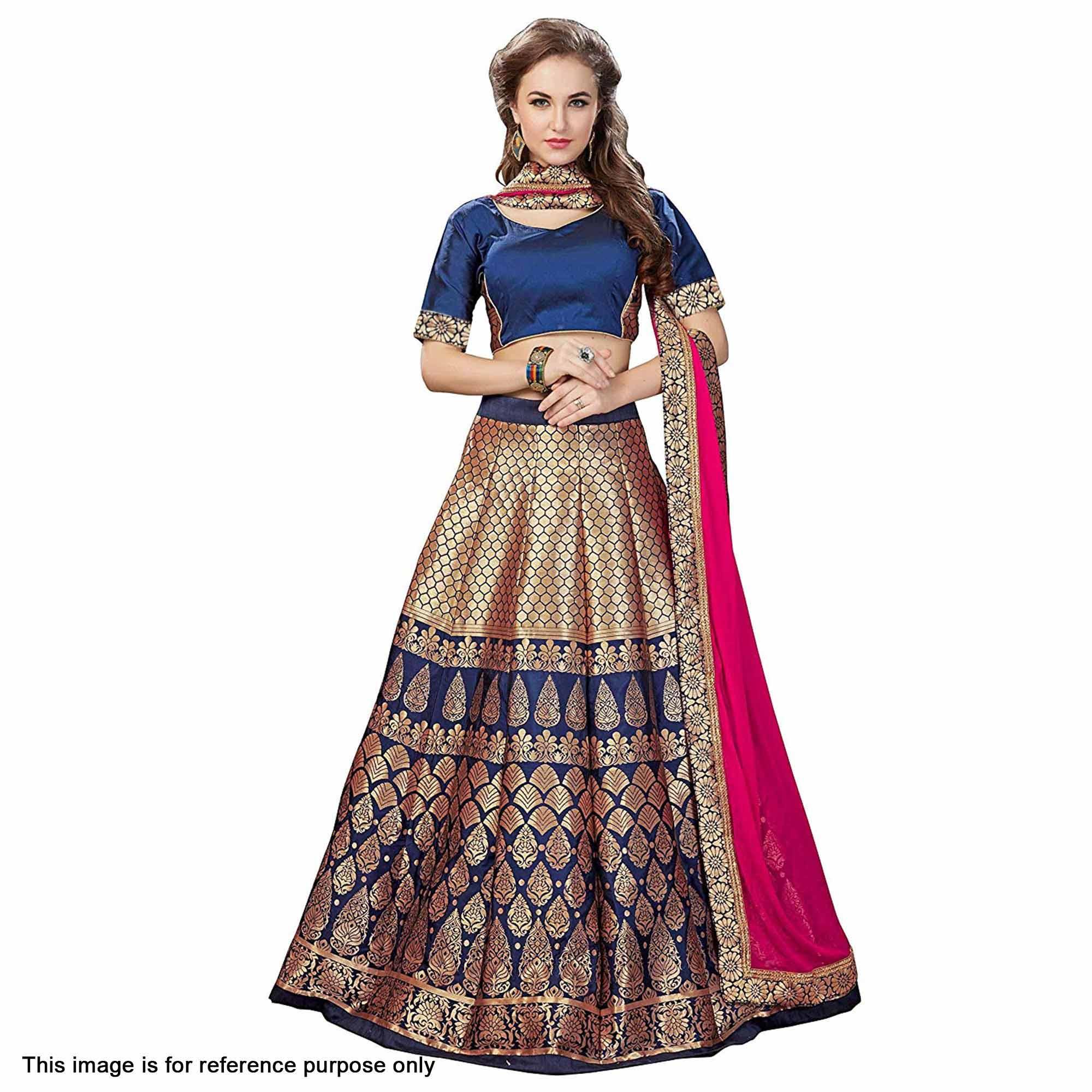Magnetic Blue Colored Partywear Woven Banarasi Silk Jacquard Lehenga Choli - Peachmode