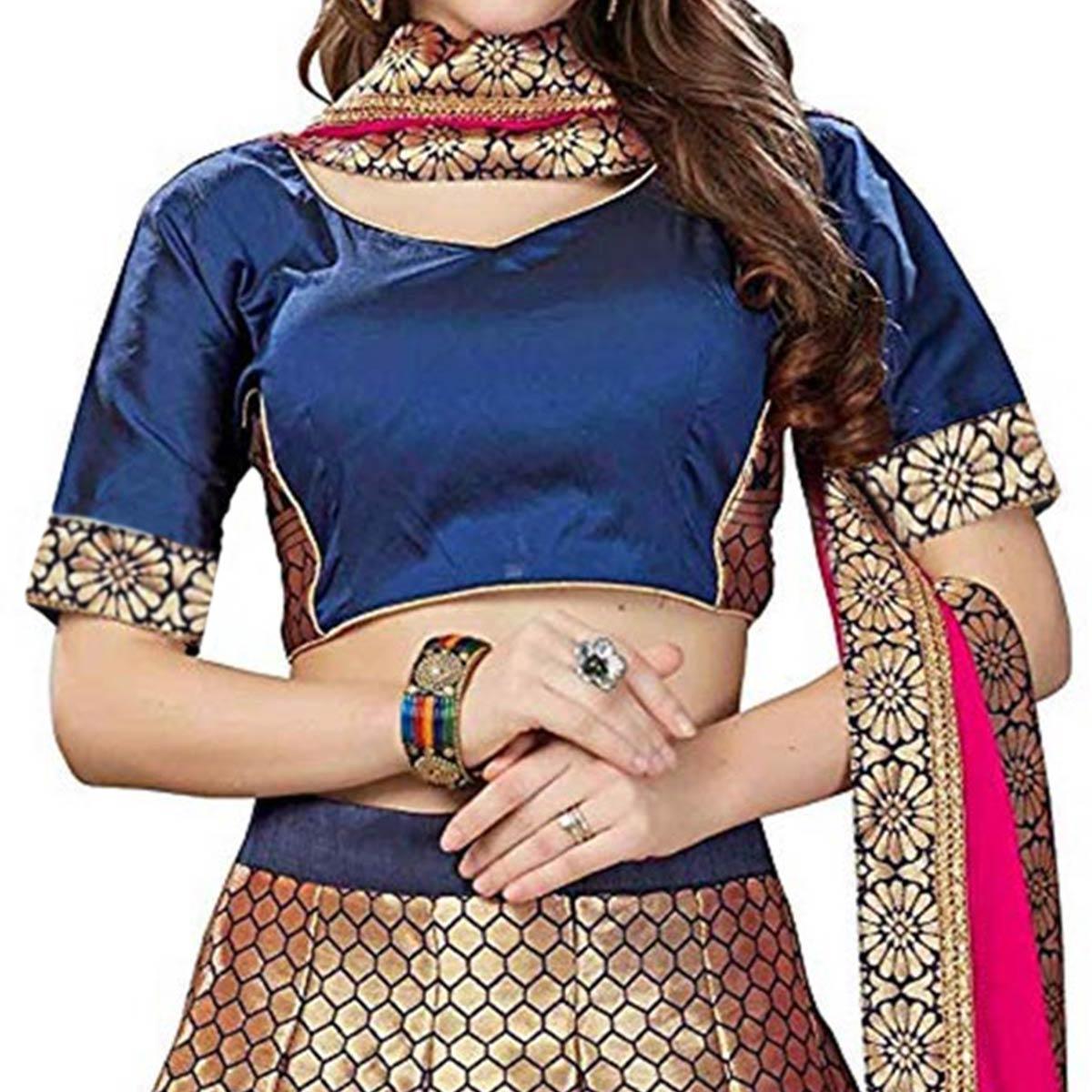 Magnetic Blue Colored Partywear Woven Banarasi Silk Jacquard Lehenga Choli - Peachmode