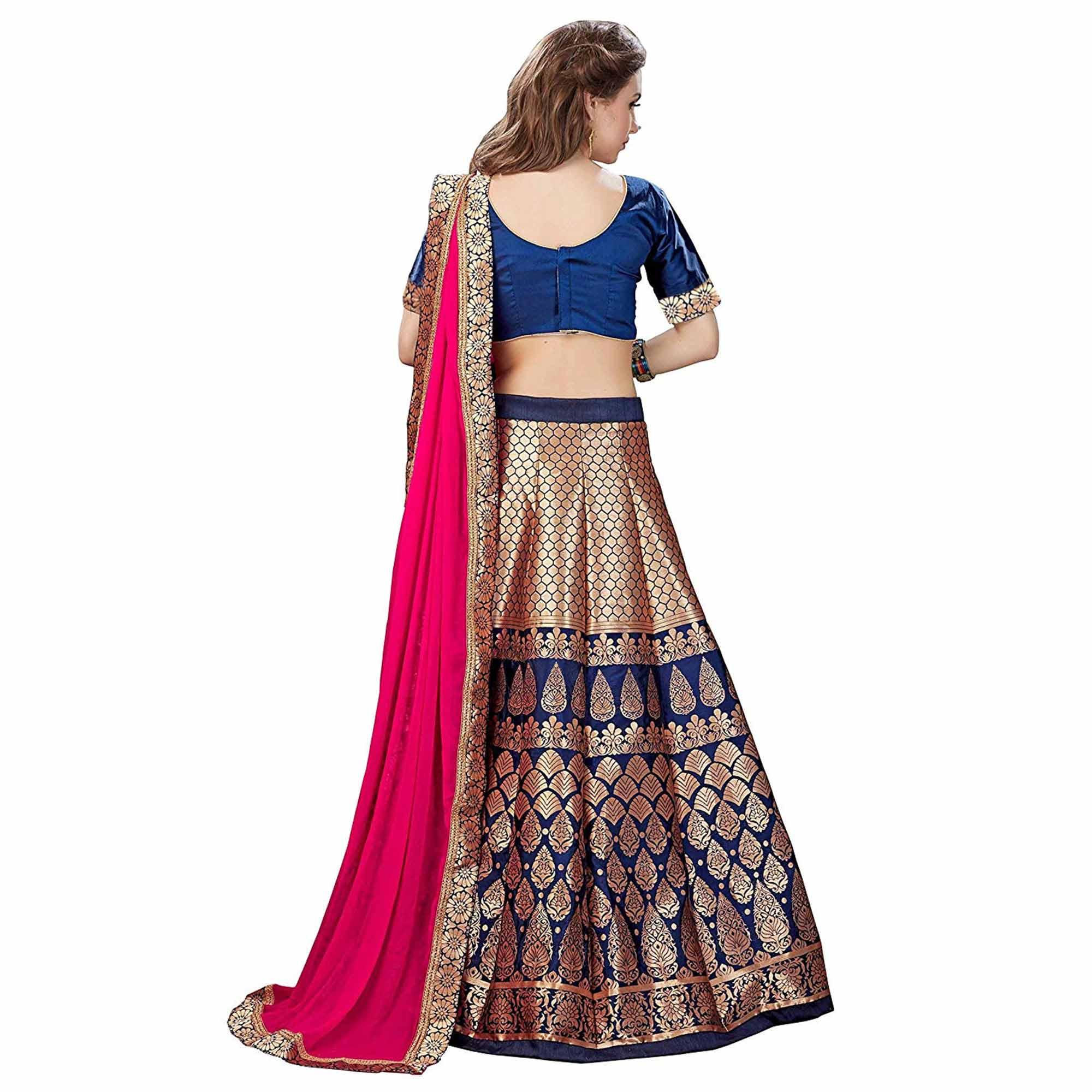 Magnetic Blue Colored Partywear Woven Banarasi Silk Jacquard Lehenga Choli - Peachmode