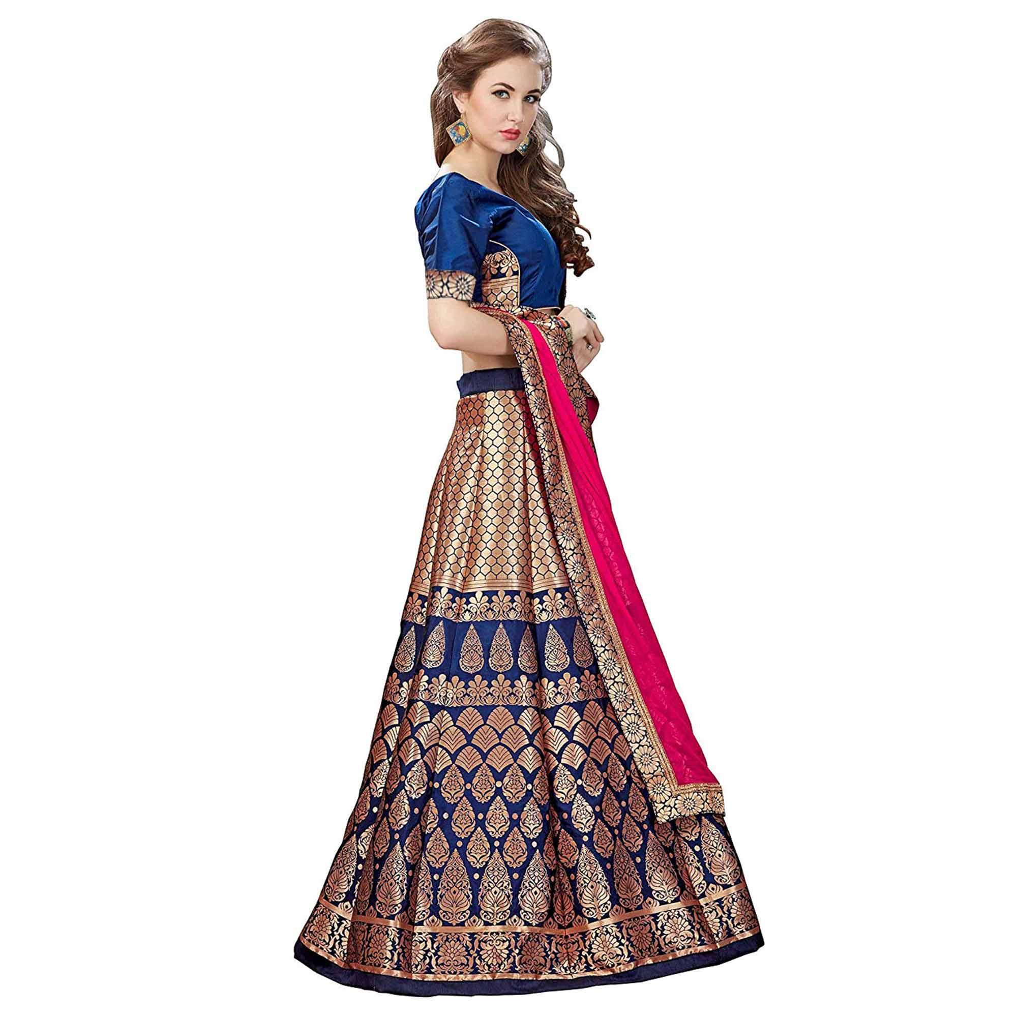 Magnetic Blue Colored Partywear Woven Banarasi Silk Jacquard Lehenga Choli - Peachmode