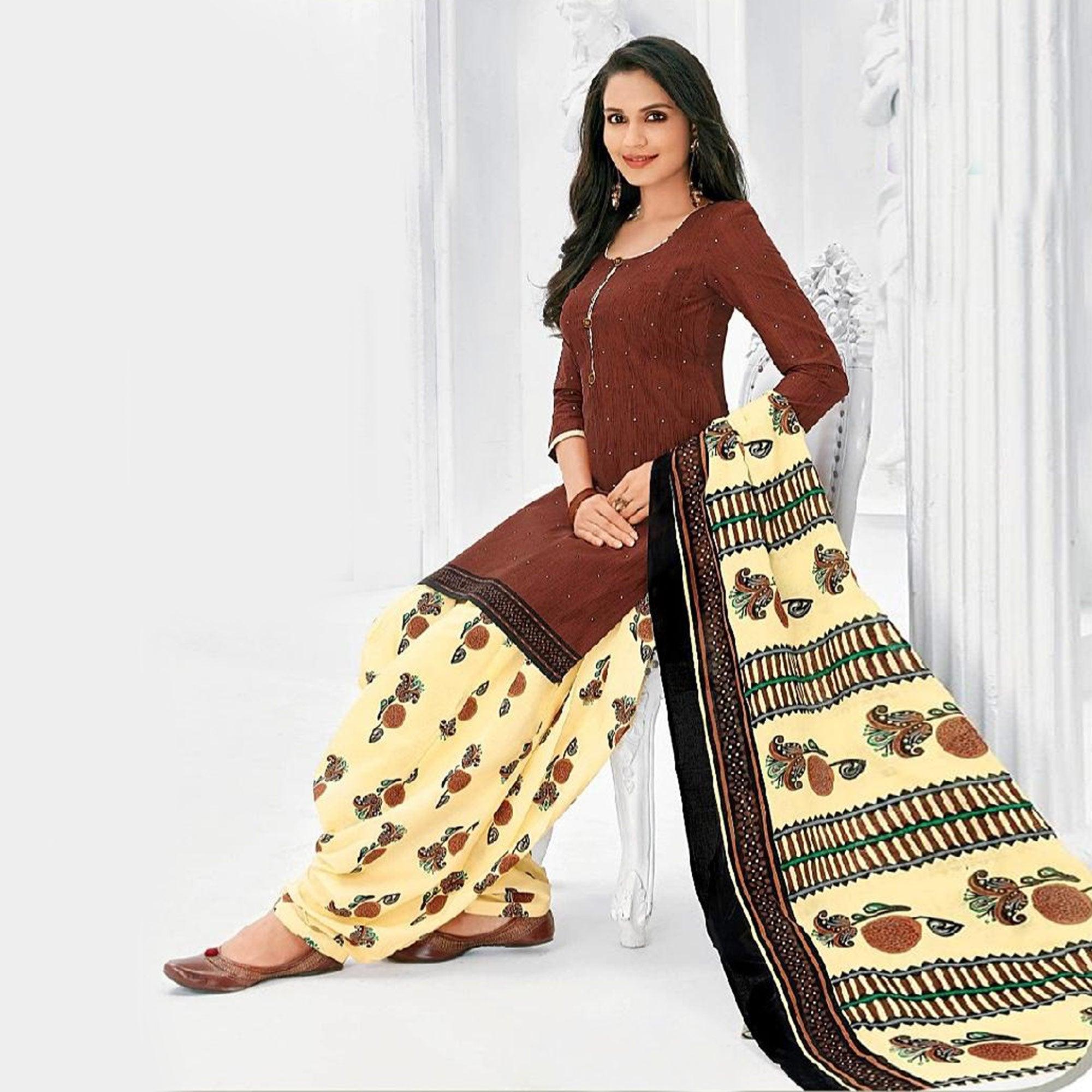Magnetic Brown Colored Casual Wear Printed Cotton Stitched Patiala Suit - Peachmode