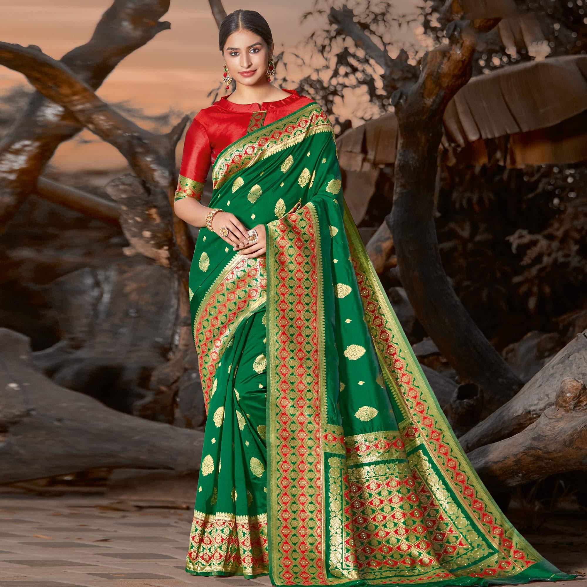 Magnetic Green Colored Festive Wear Woven Silk Saree - Peachmode