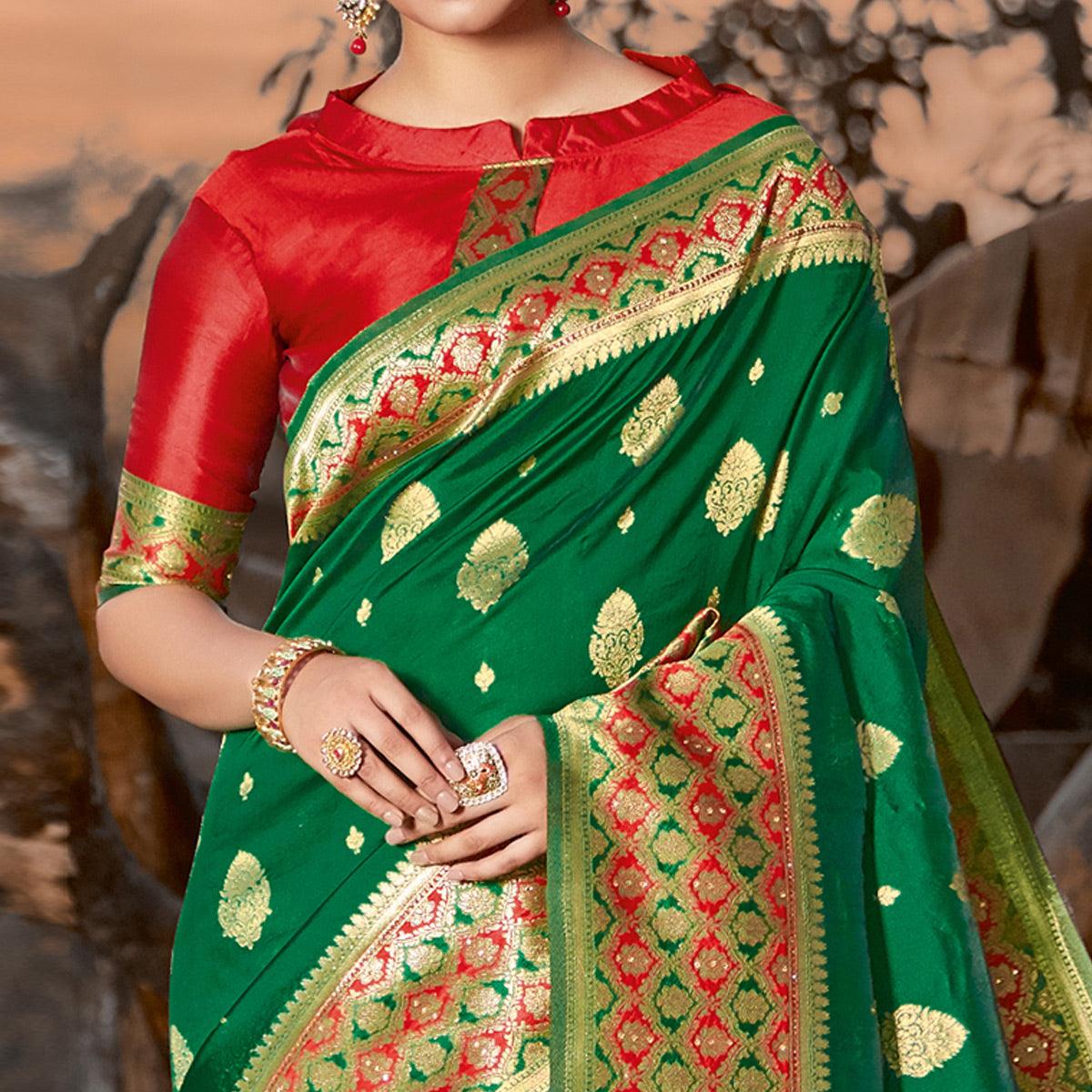 Magnetic Green Colored Festive Wear Woven Silk Saree - Peachmode